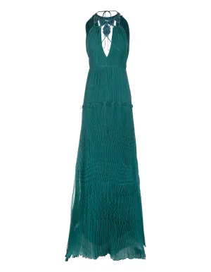 Alberta Ferretti Plisse Embellished V-Neck Long Dress