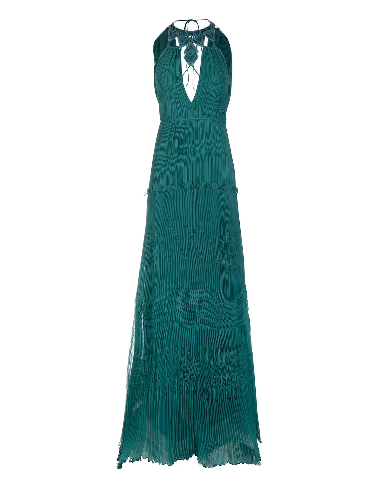 Alberta Ferretti Plisse Embellished V-Neck Long Dress