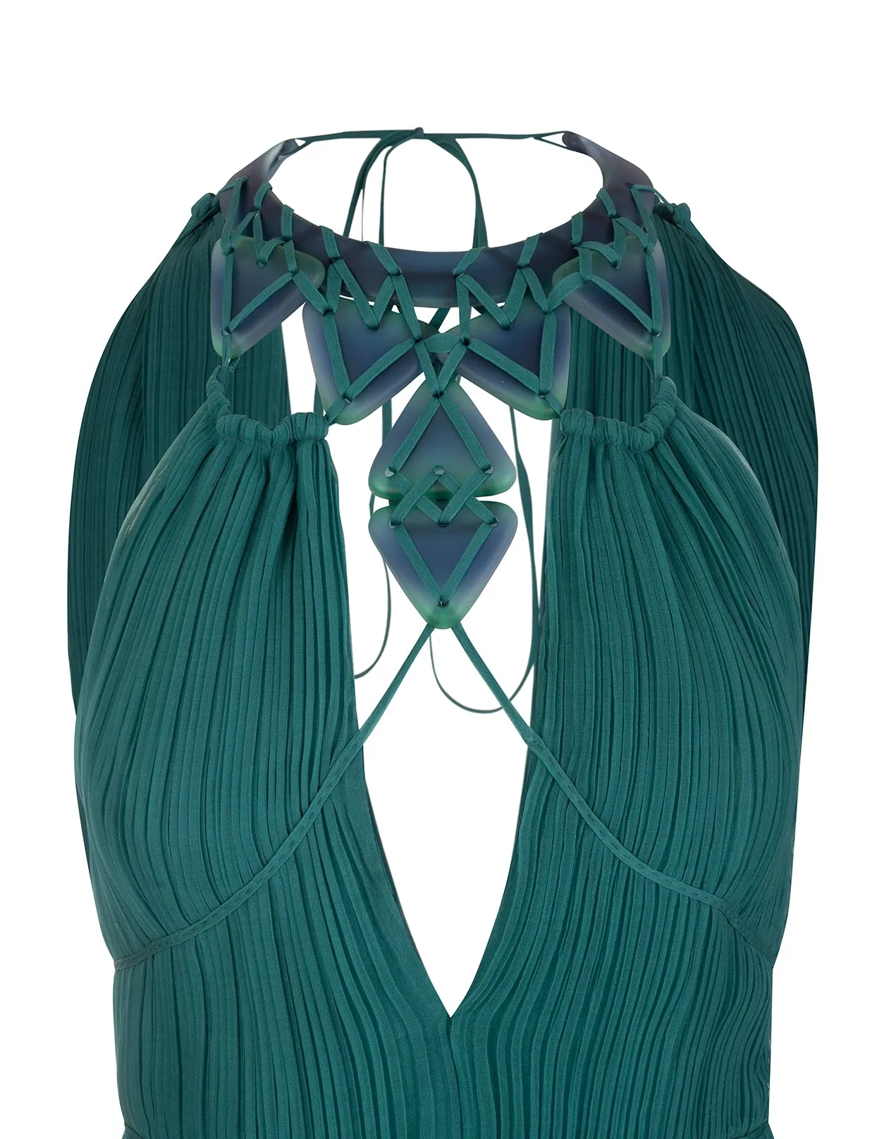 Alberta Ferretti Plisse Embellished V-Neck Long Dress