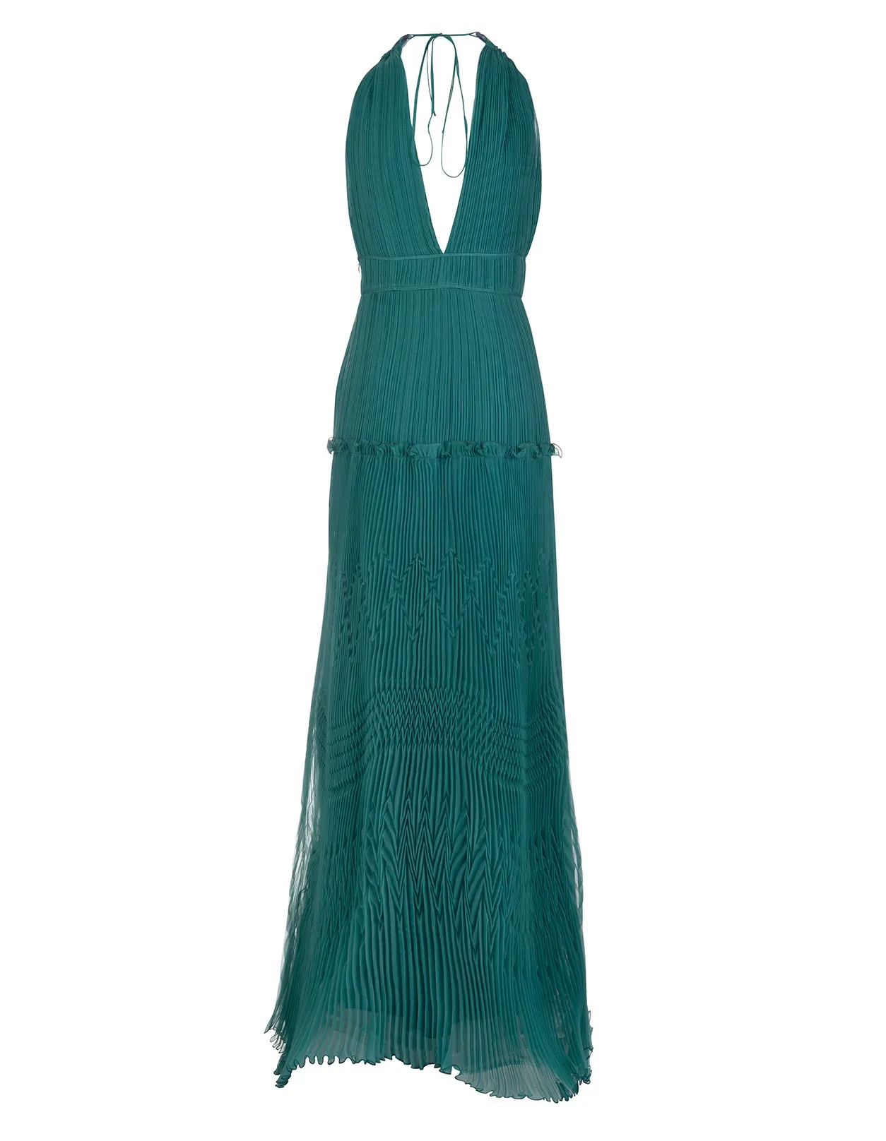 Alberta Ferretti Plisse Embellished V-Neck Long Dress