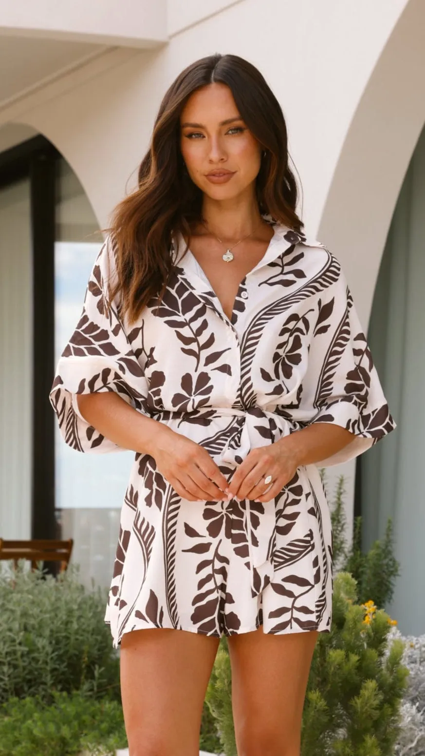 Aurelia Playsuit - Brown/White Print