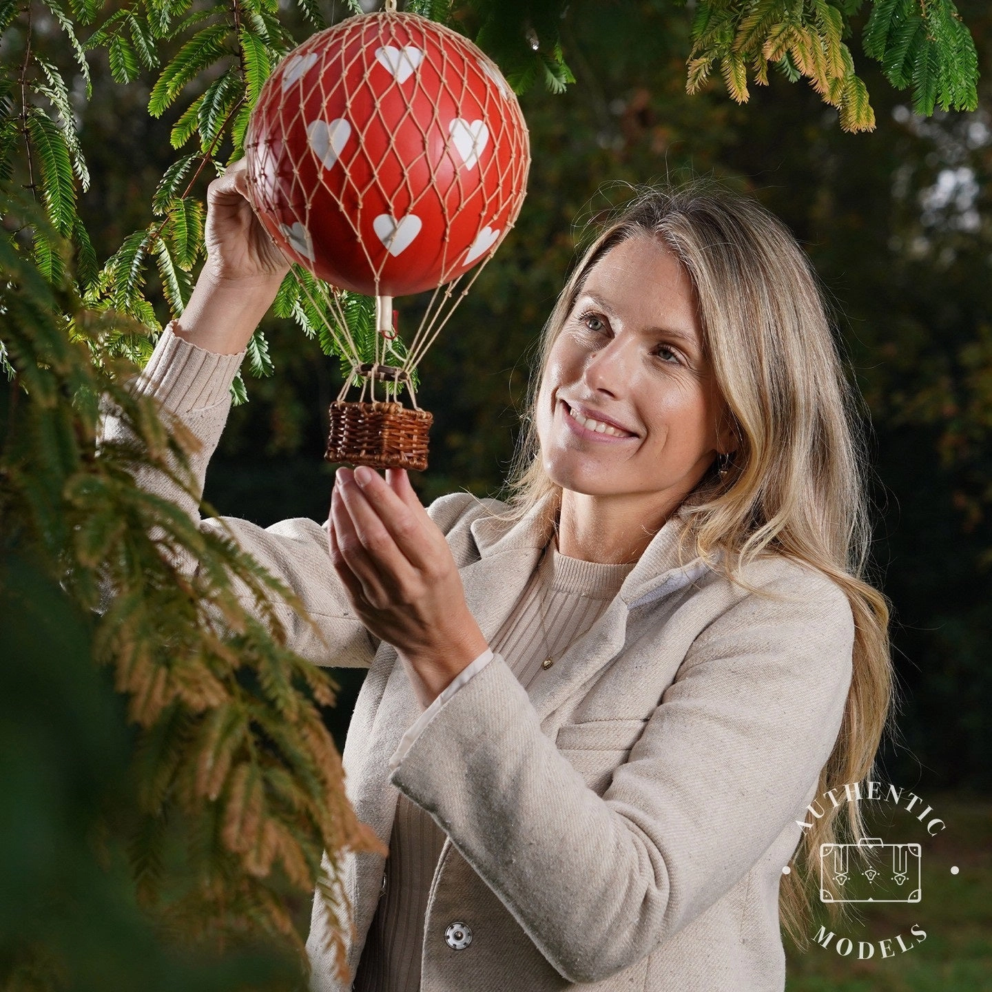 Authentic Models Travels Light. Red Hearts - Hot Air Balloon Hanging Decor - 30cm