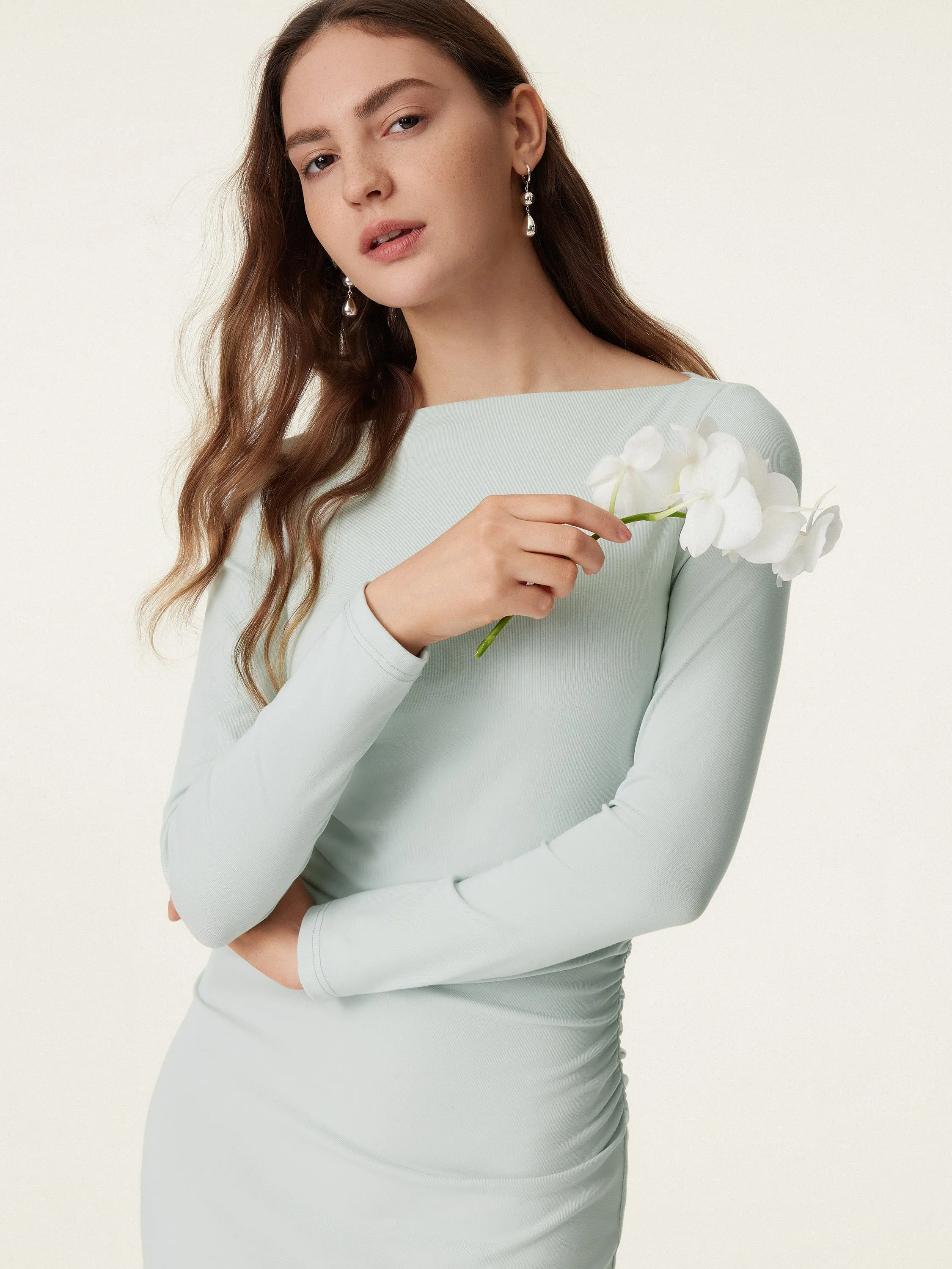 Boat Neck Ruched Light Cotton Brami Midi Dress