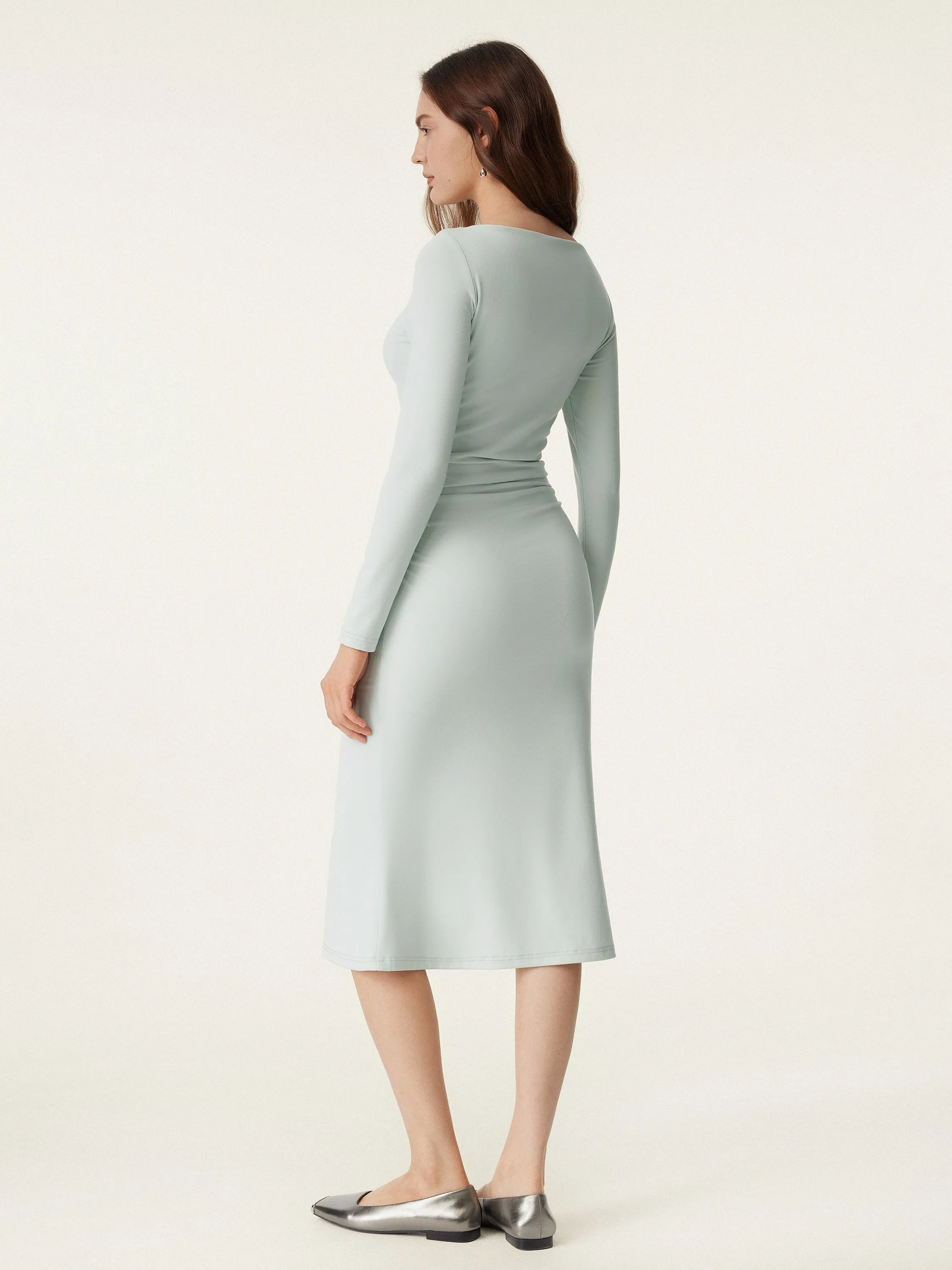 Boat Neck Ruched Light Cotton Brami Midi Dress