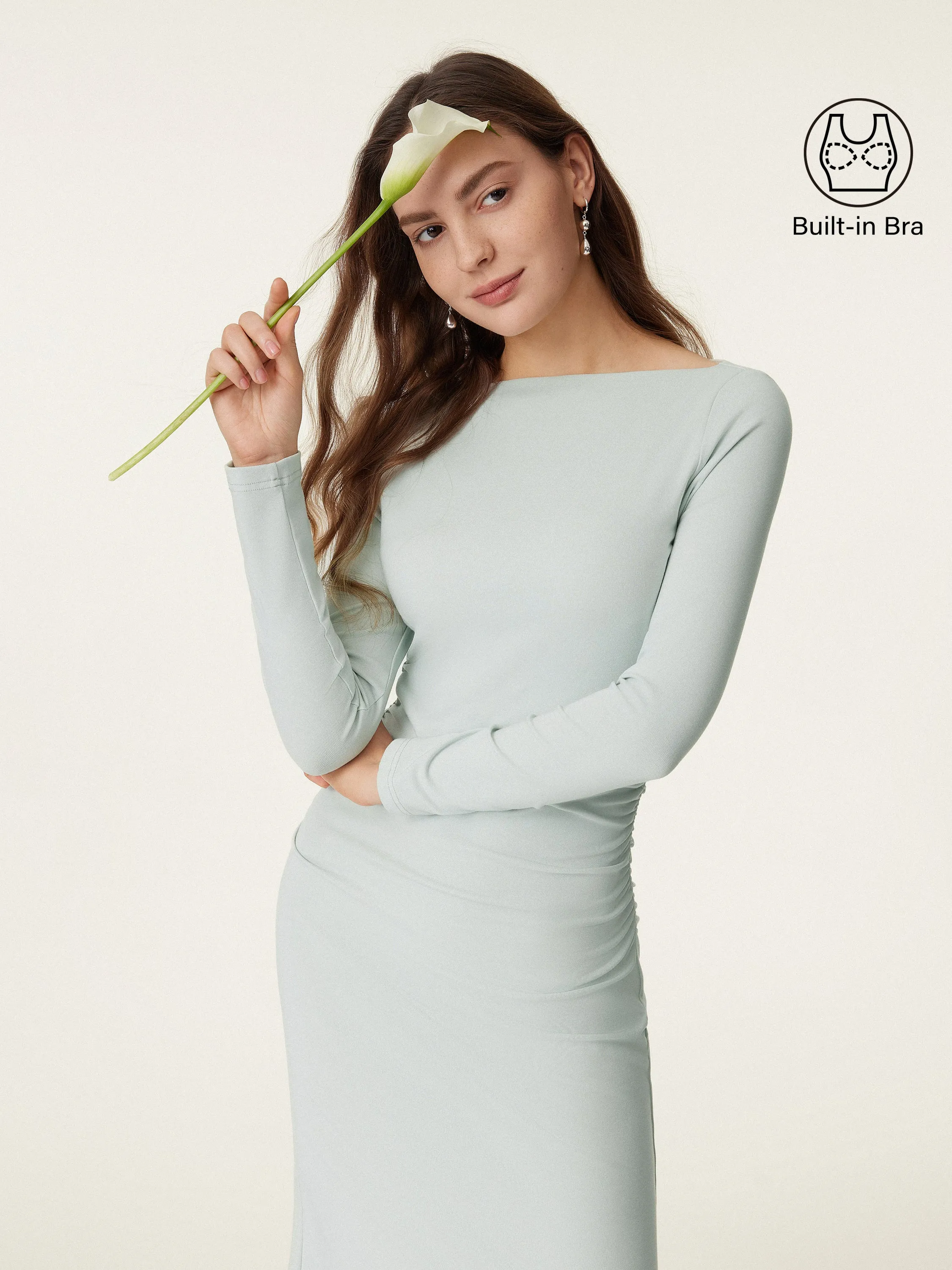 Boat Neck Ruched Light Cotton Brami Midi Dress