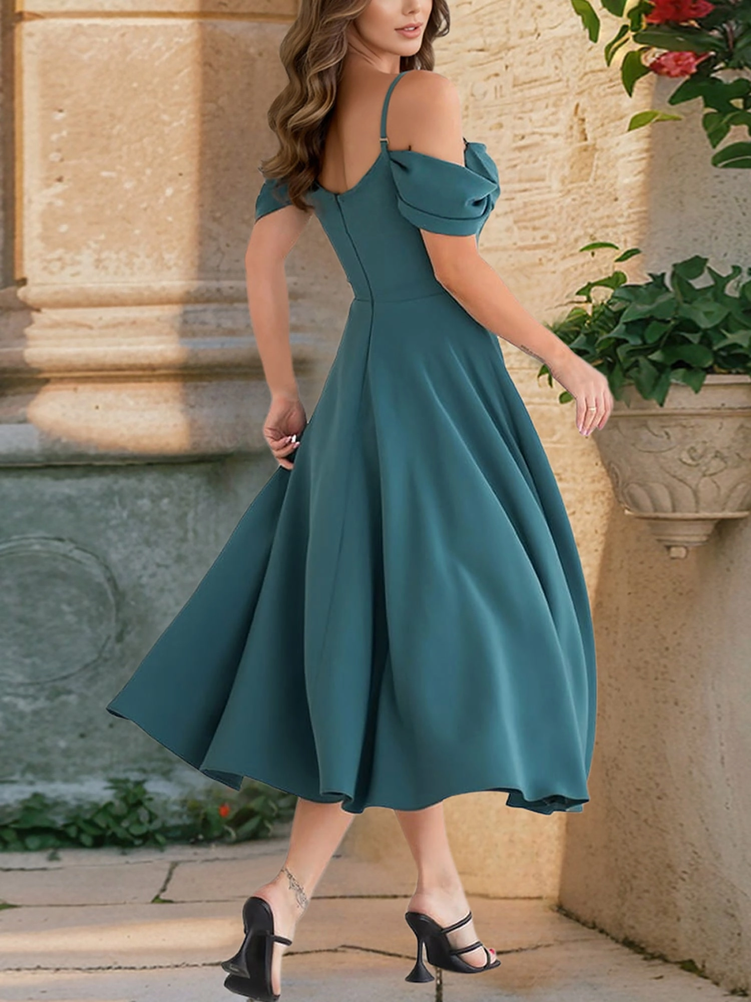 Cold Shoulder Spaghetti Strap Midi A-Line Dress