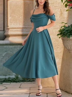 Cold Shoulder Spaghetti Strap Midi A-Line Dress