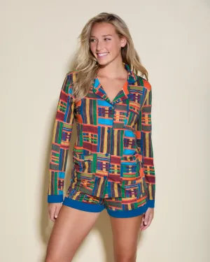 Conjunto De Pijama Con Camisa De Manga Larga Con Tres Bolsillos Y Pantalones Cortos