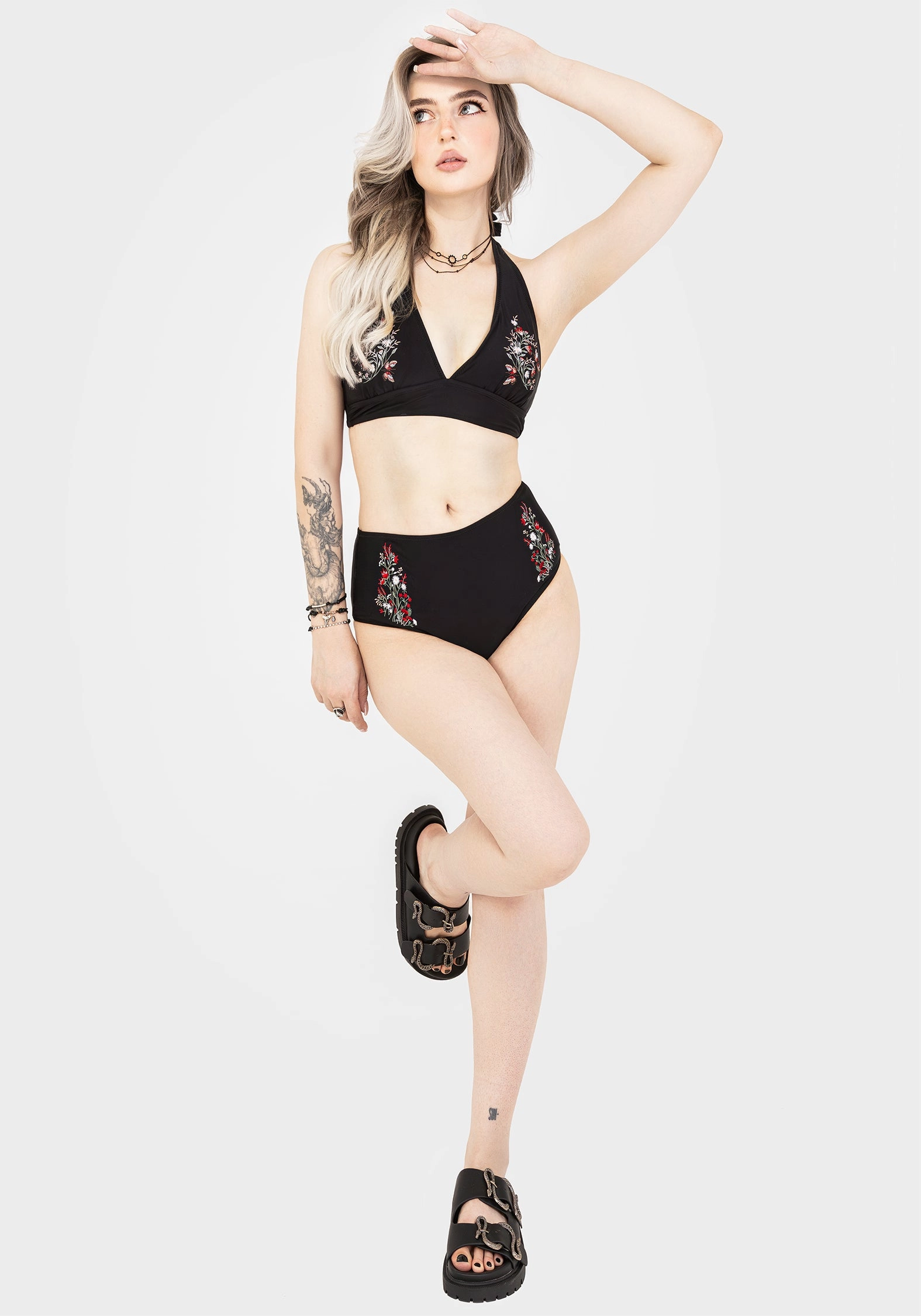 Copia Floral Embroidered High Waist Swim Bottoms