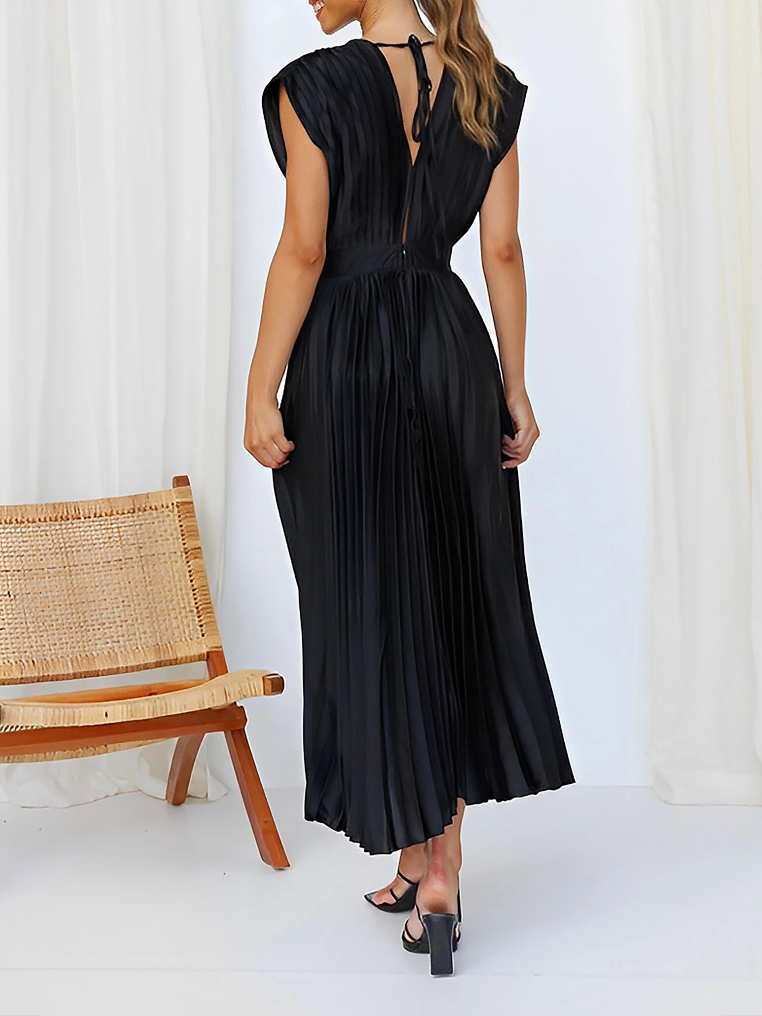 Deep V Neck Cap Sleeves Satin Pleated Midi Dress