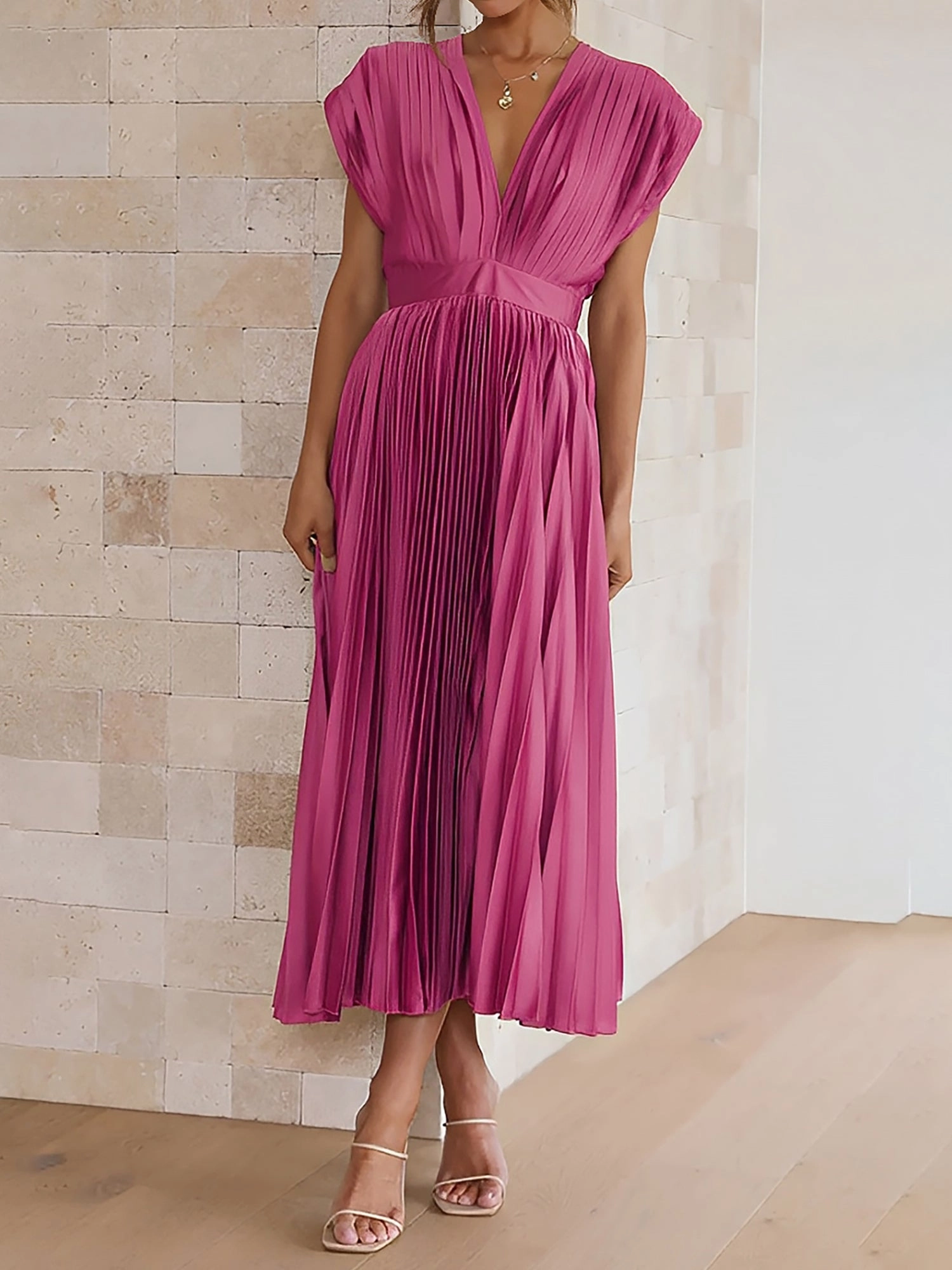Deep V Neck Cap Sleeves Satin Pleated Midi Dress