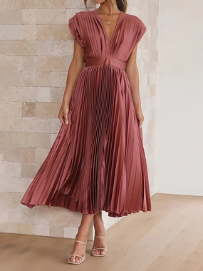 Deep V Neck Cap Sleeves Satin Pleated Midi Dress