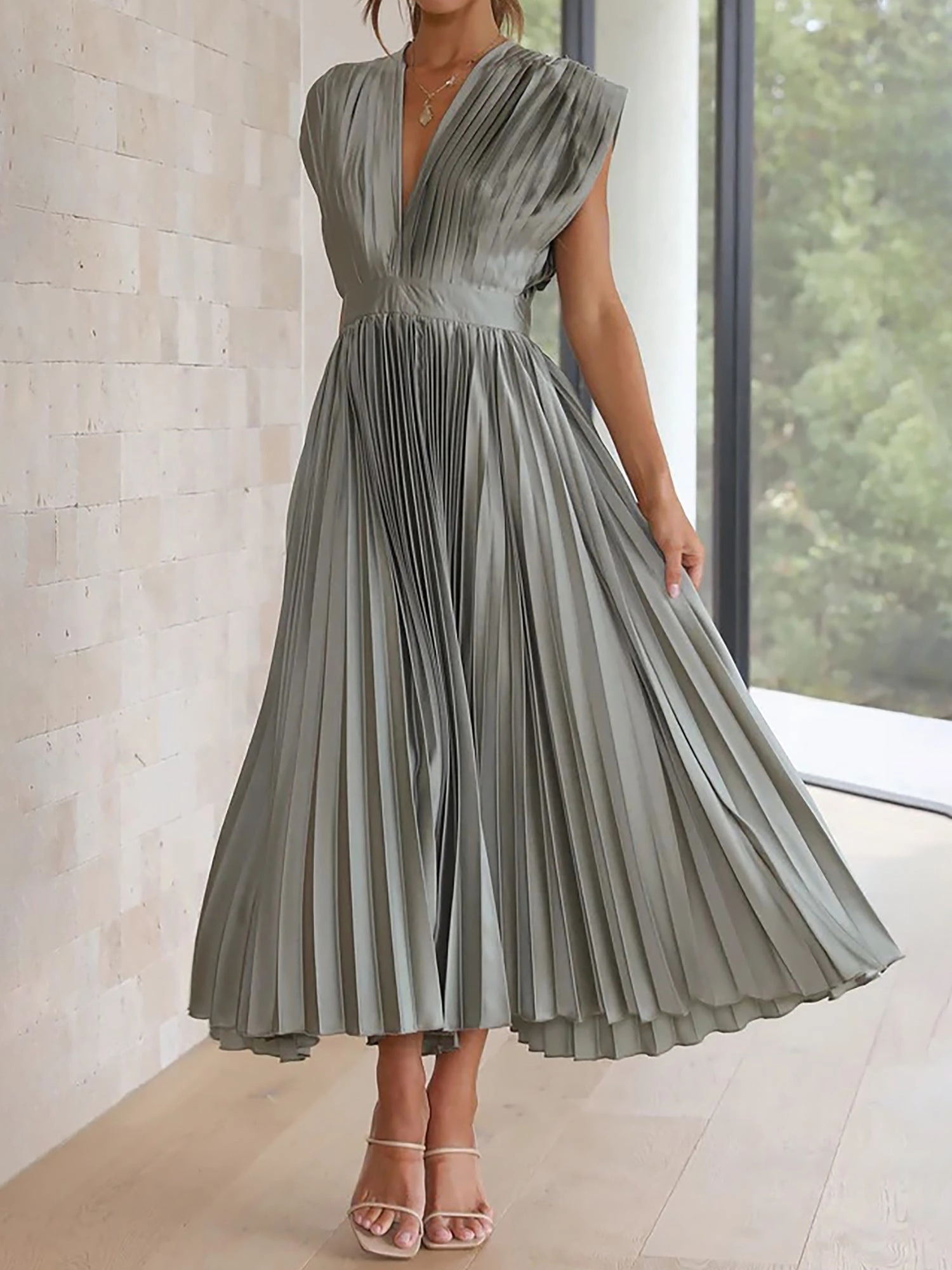 Deep V Neck Cap Sleeves Satin Pleated Midi Dress