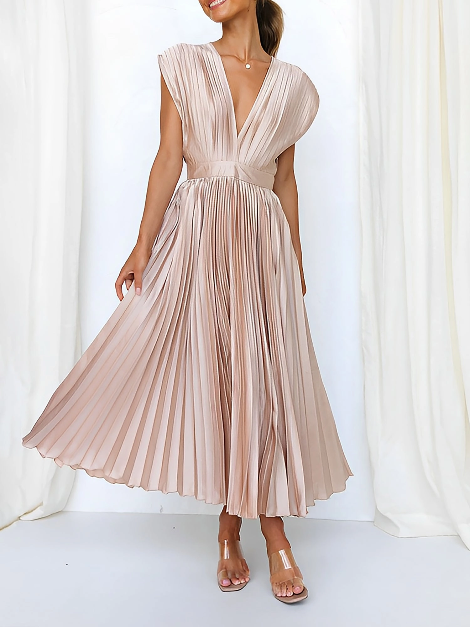 Deep V Neck Cap Sleeves Satin Pleated Midi Dress