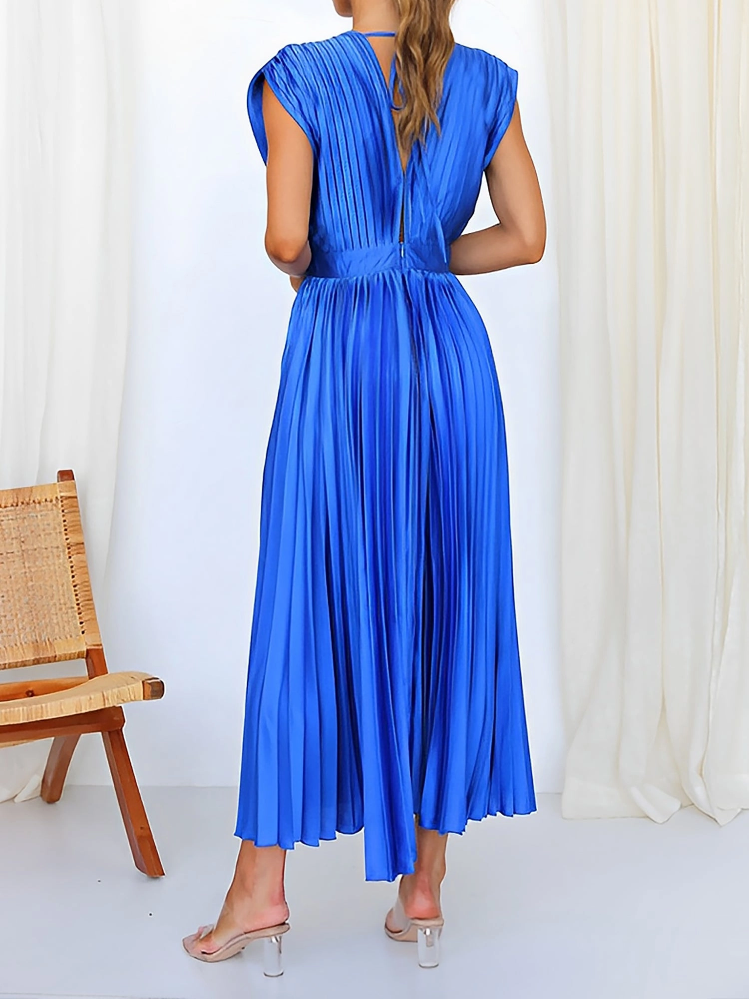 Deep V Neck Cap Sleeves Satin Pleated Midi Dress