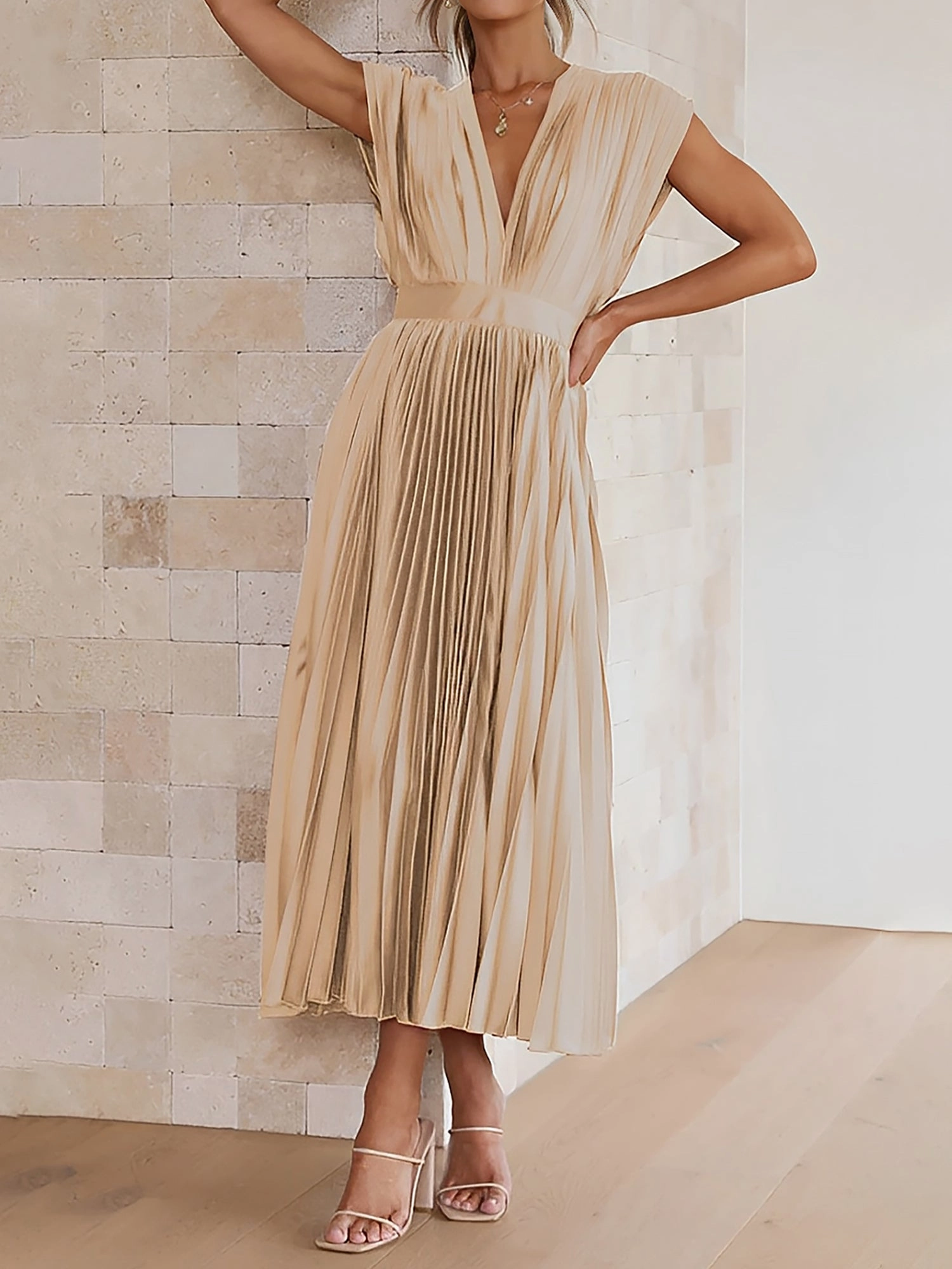 Deep V Neck Cap Sleeves Satin Pleated Midi Dress