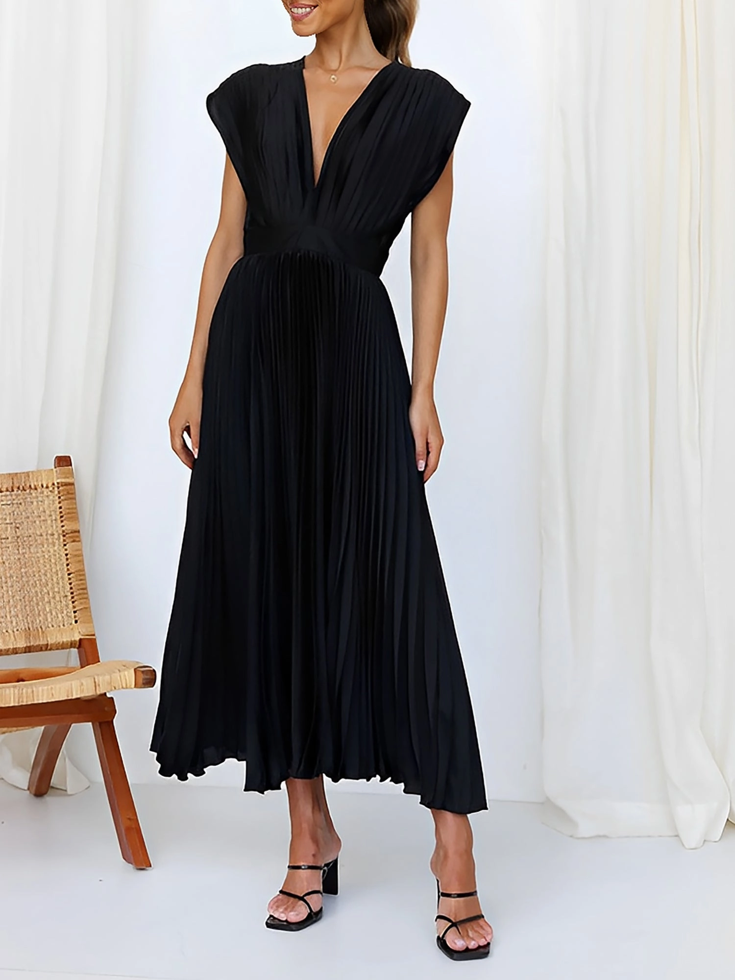 Deep V Neck Cap Sleeves Satin Pleated Midi Dress