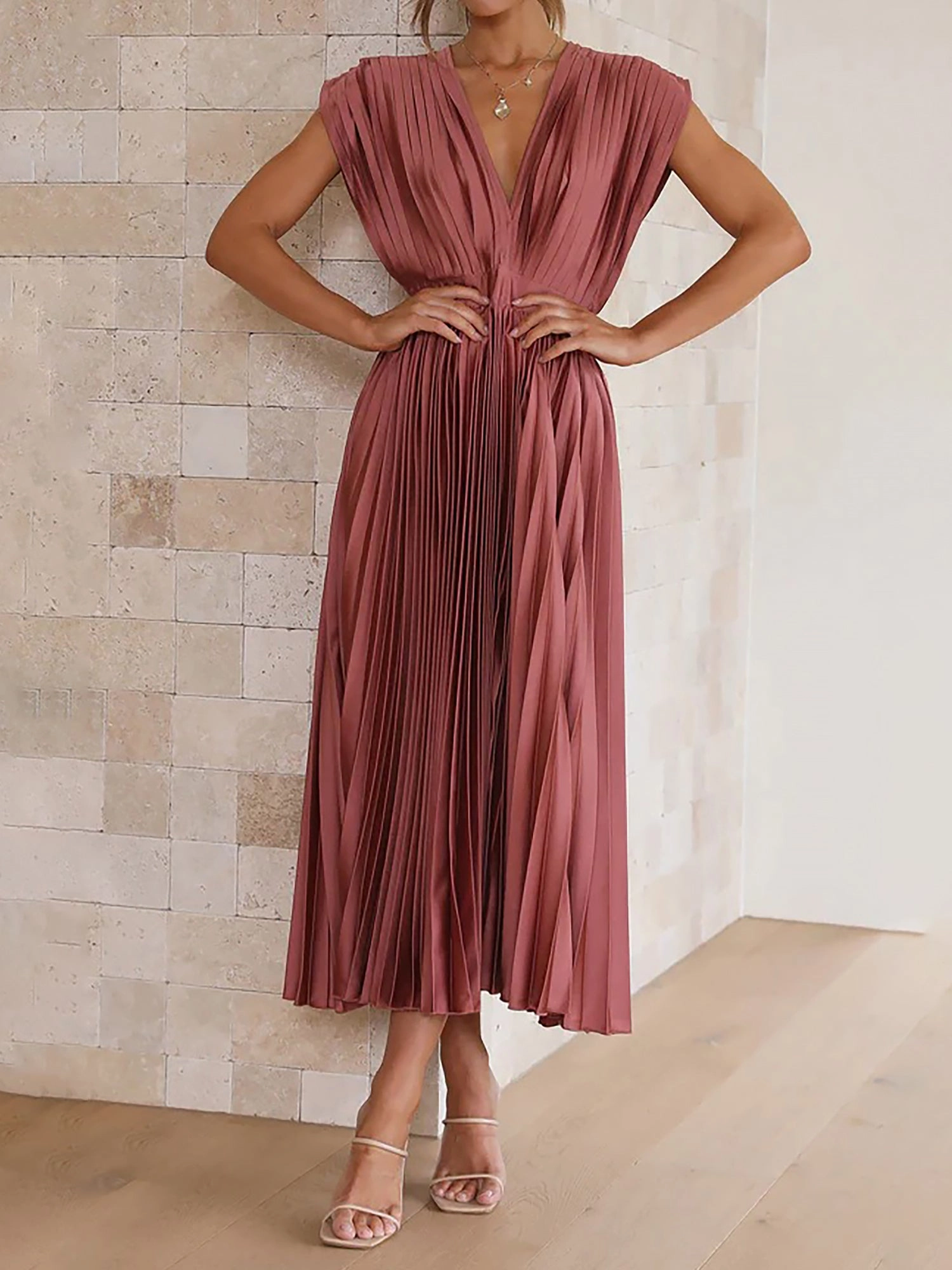 Deep V Neck Cap Sleeves Satin Pleated Midi Dress