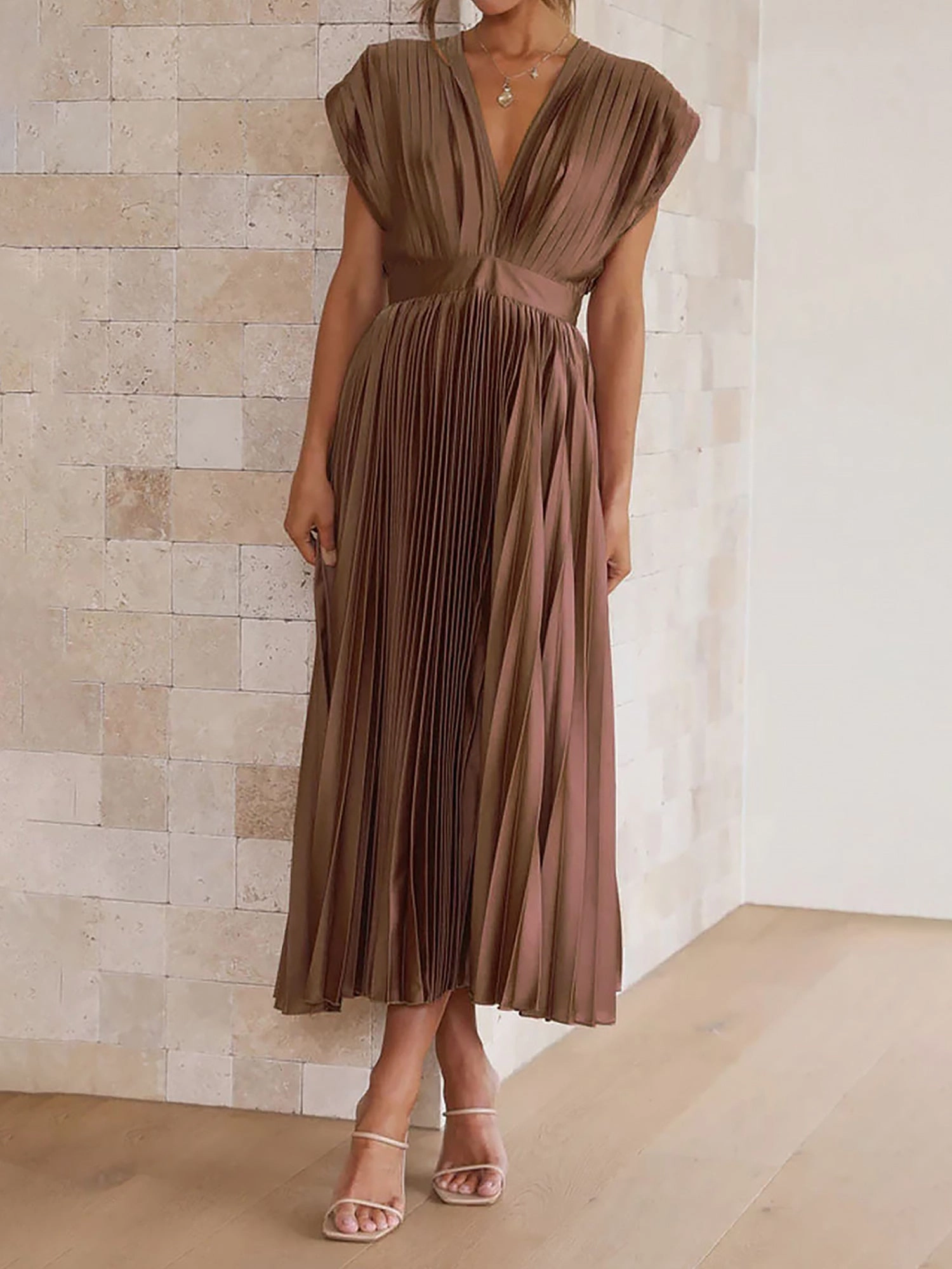 Deep V Neck Cap Sleeves Satin Pleated Midi Dress