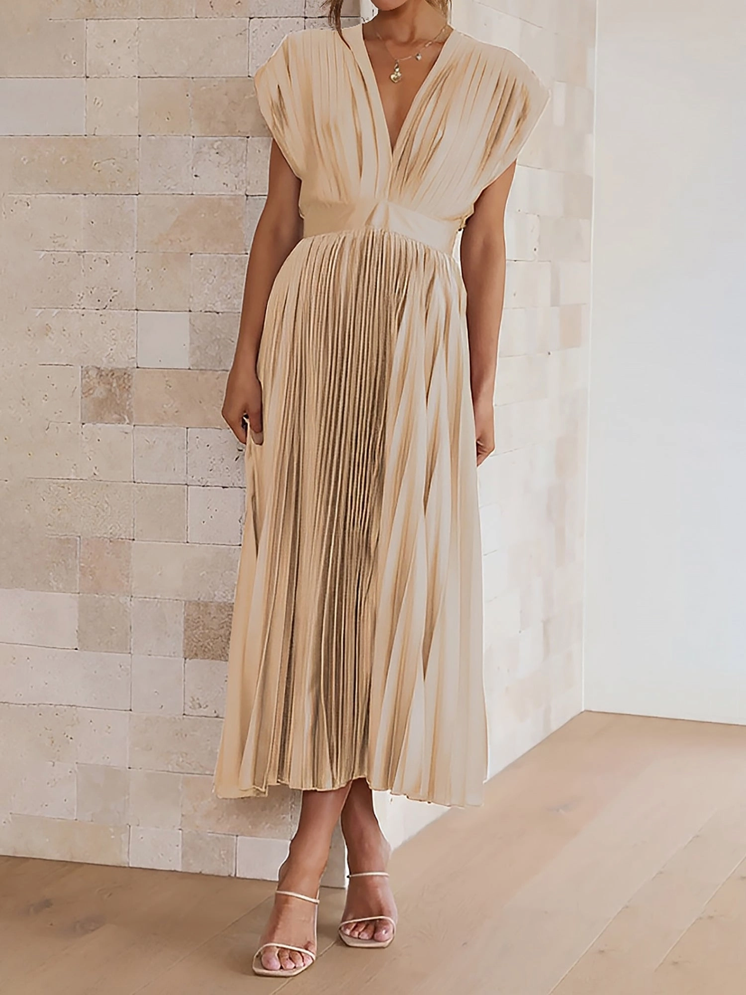 Deep V Neck Cap Sleeves Satin Pleated Midi Dress