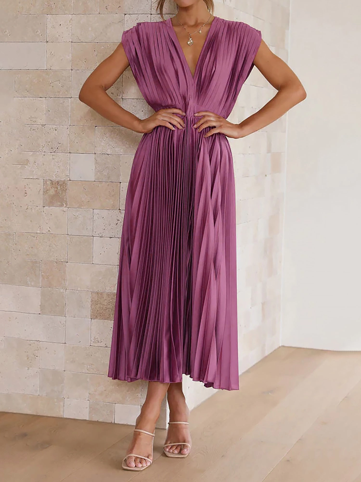 Deep V Neck Cap Sleeves Satin Pleated Midi Dress