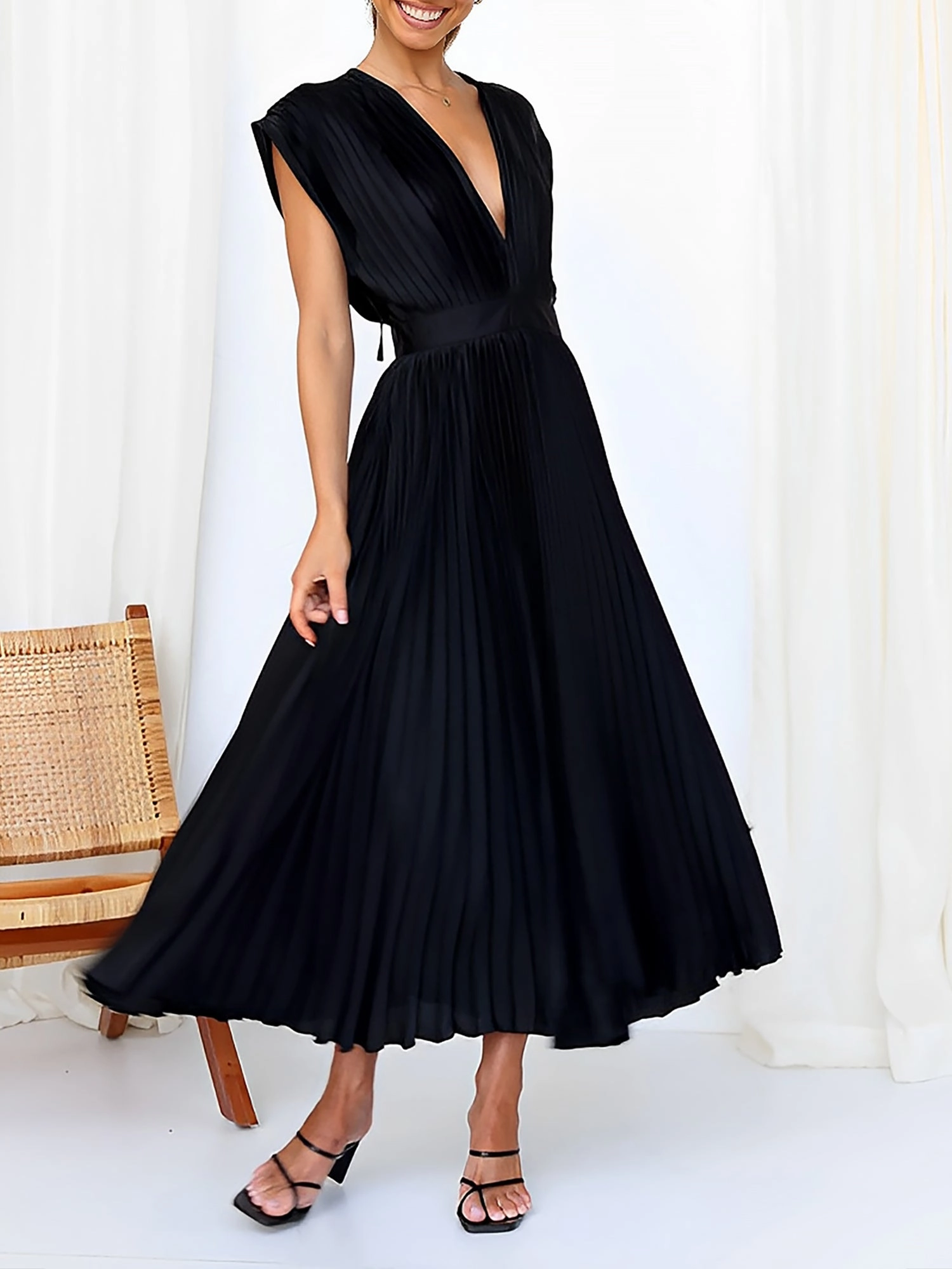 Deep V Neck Cap Sleeves Satin Pleated Midi Dress