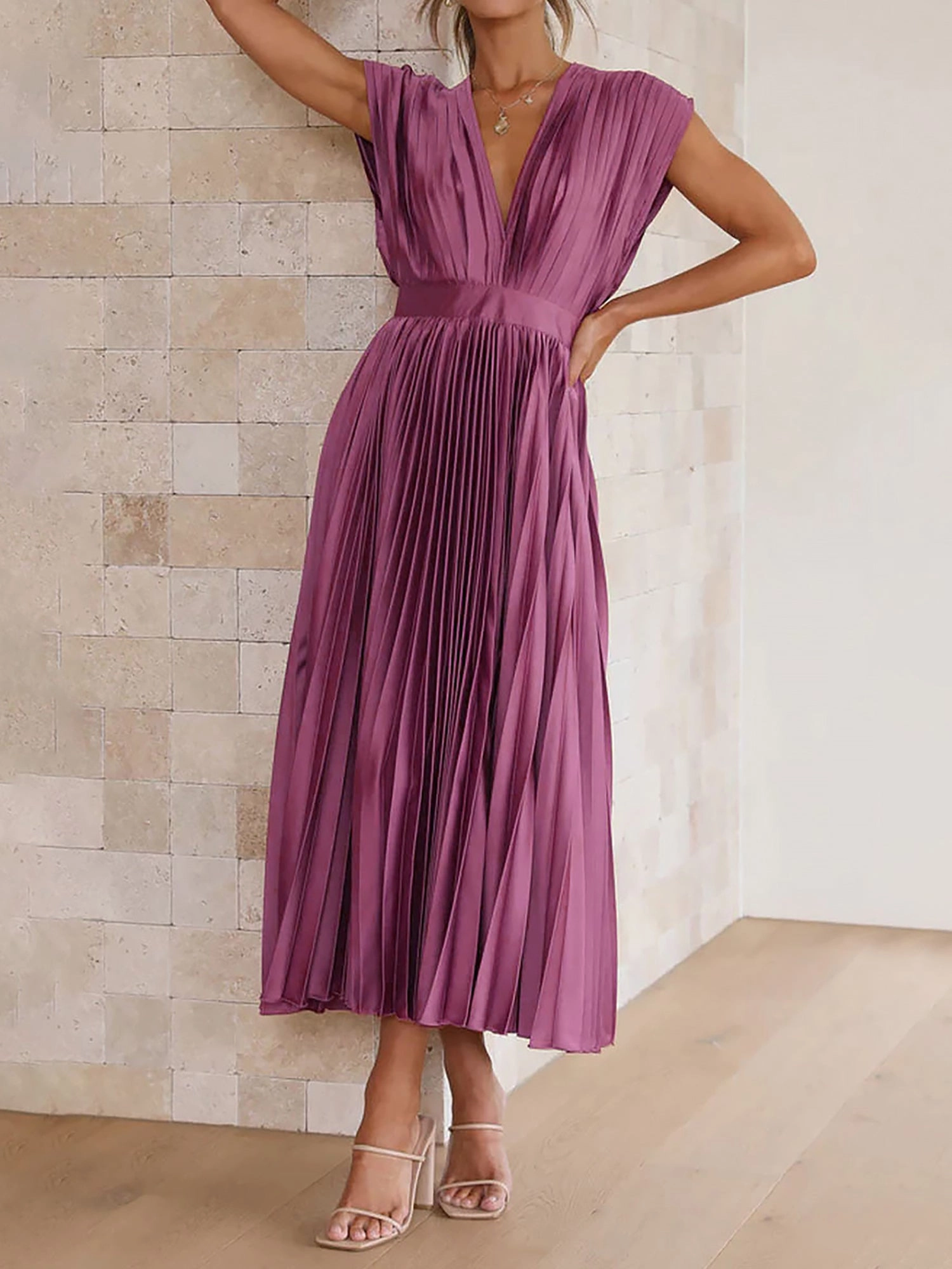 Deep V Neck Cap Sleeves Satin Pleated Midi Dress
