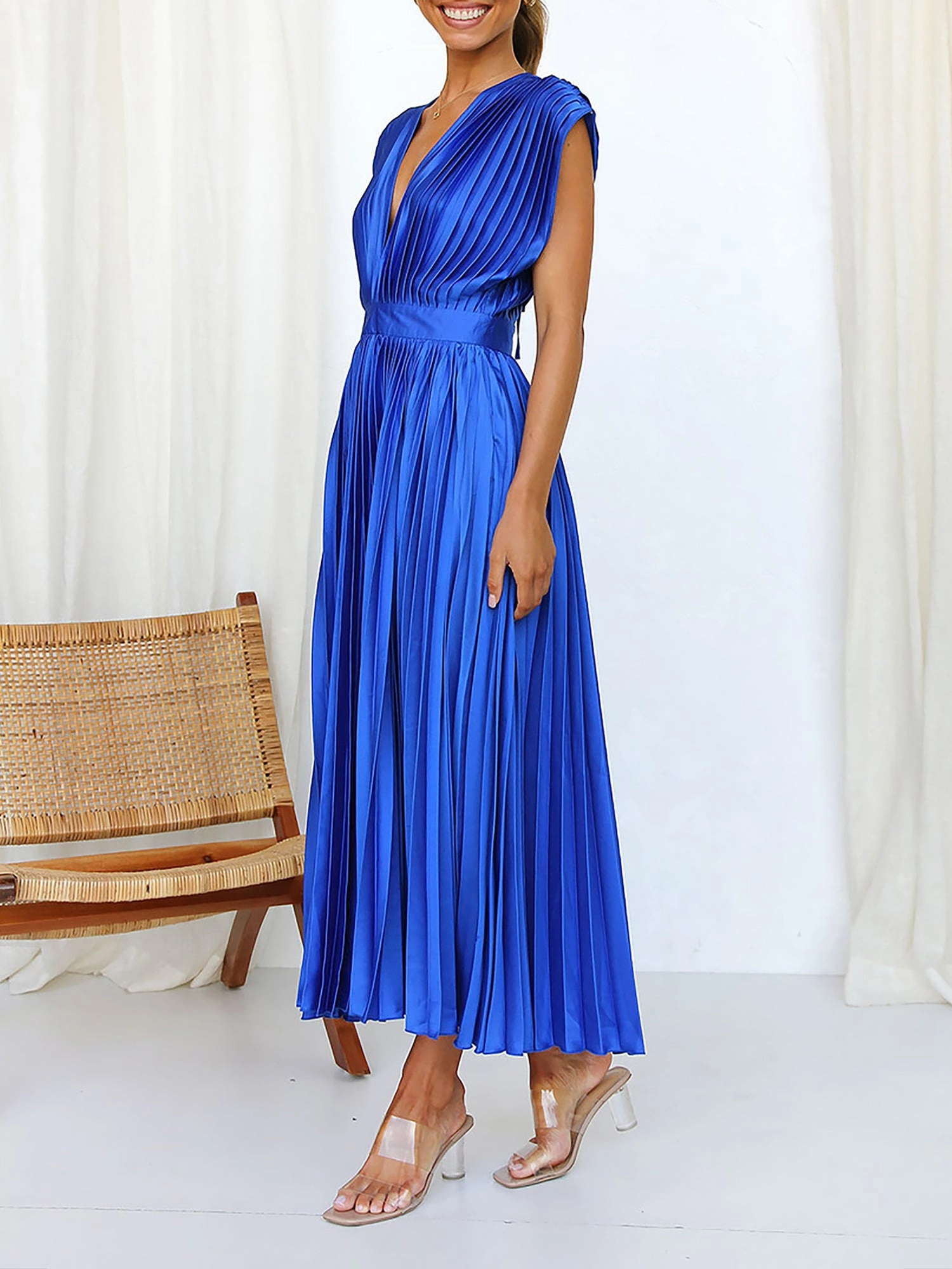 Deep V Neck Cap Sleeves Satin Pleated Midi Dress
