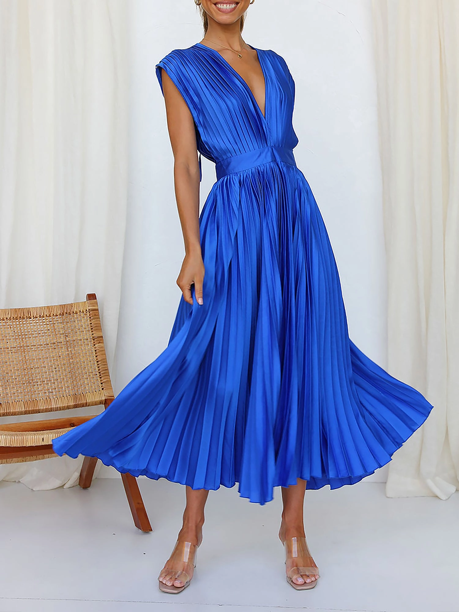 Deep V Neck Cap Sleeves Satin Pleated Midi Dress