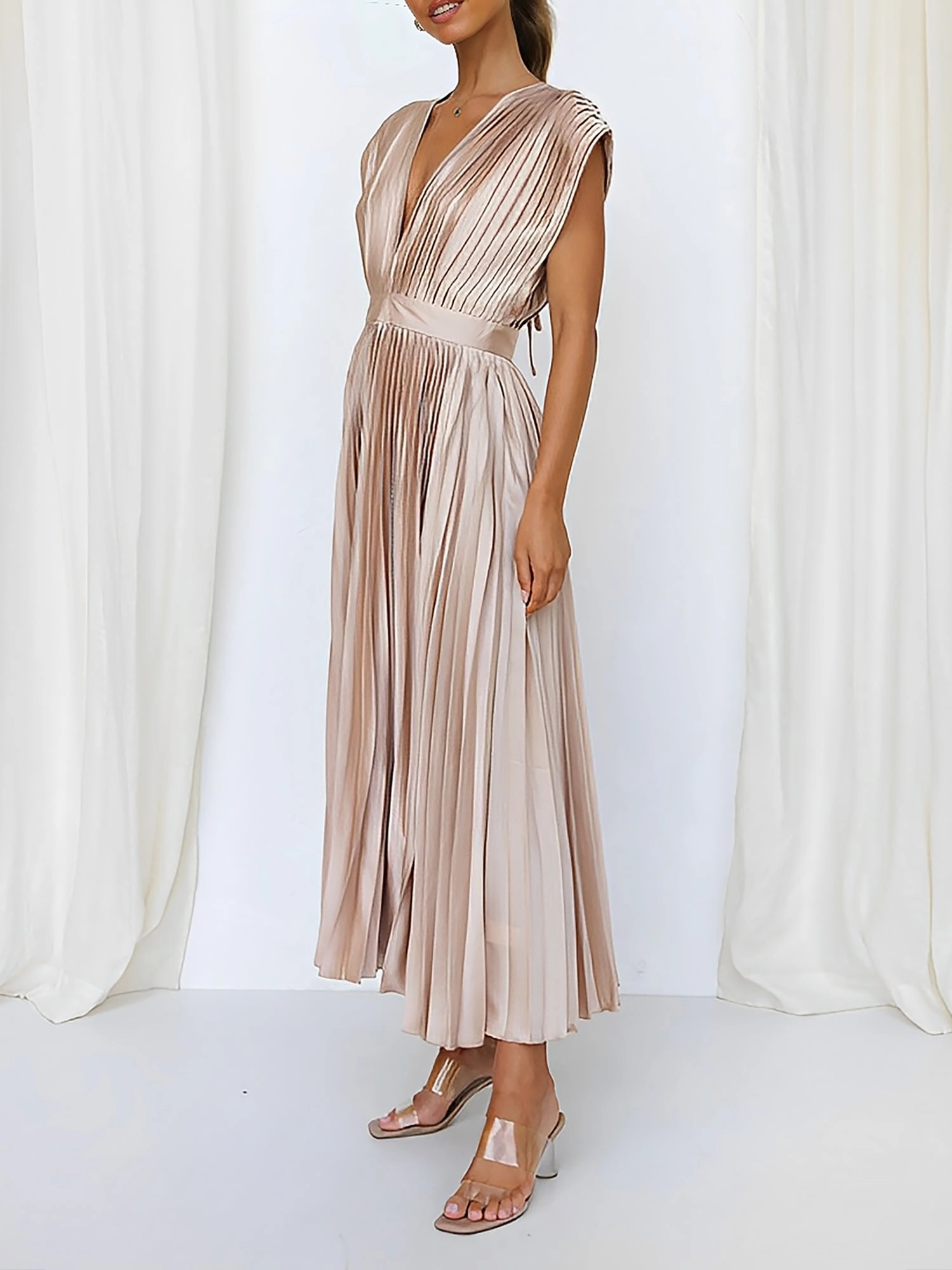 Deep V Neck Cap Sleeves Satin Pleated Midi Dress