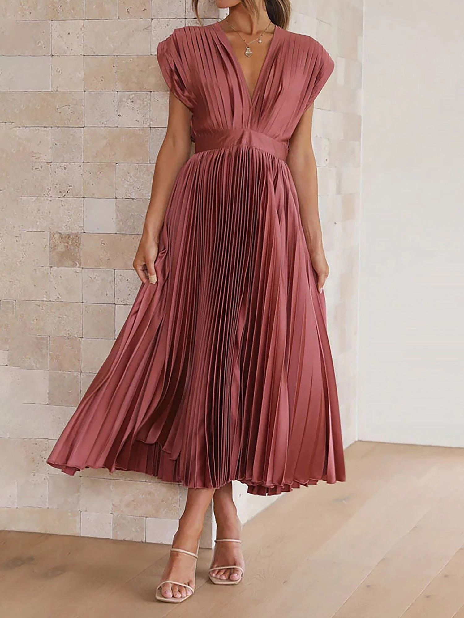 Deep V Neck Cap Sleeves Satin Pleated Midi Dress