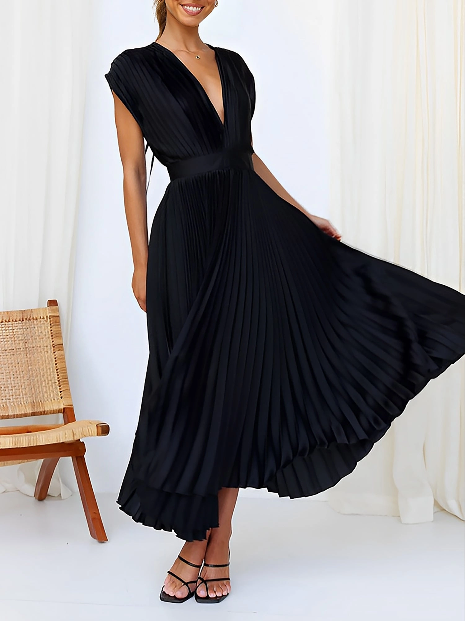 Deep V Neck Cap Sleeves Satin Pleated Midi Dress