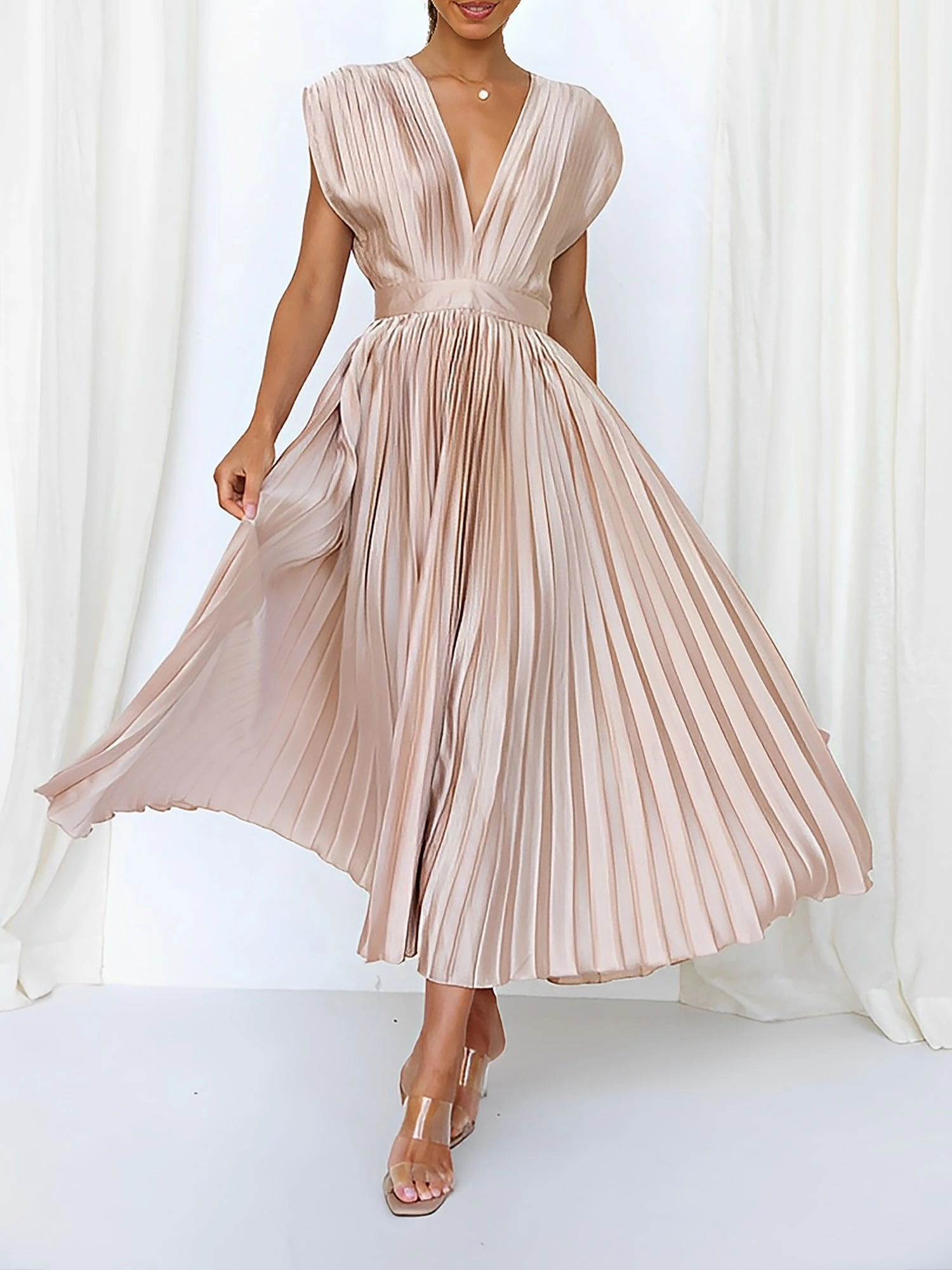 Deep V Neck Cap Sleeves Satin Pleated Midi Dress