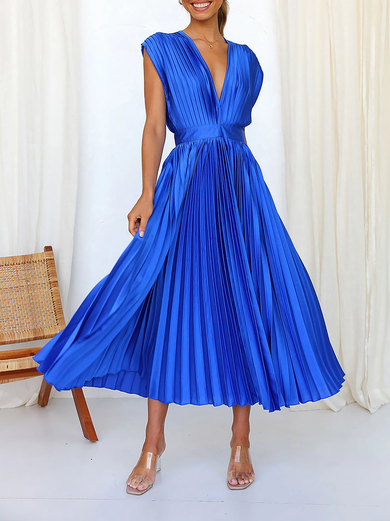 Deep V Neck Cap Sleeves Satin Pleated Midi Dress