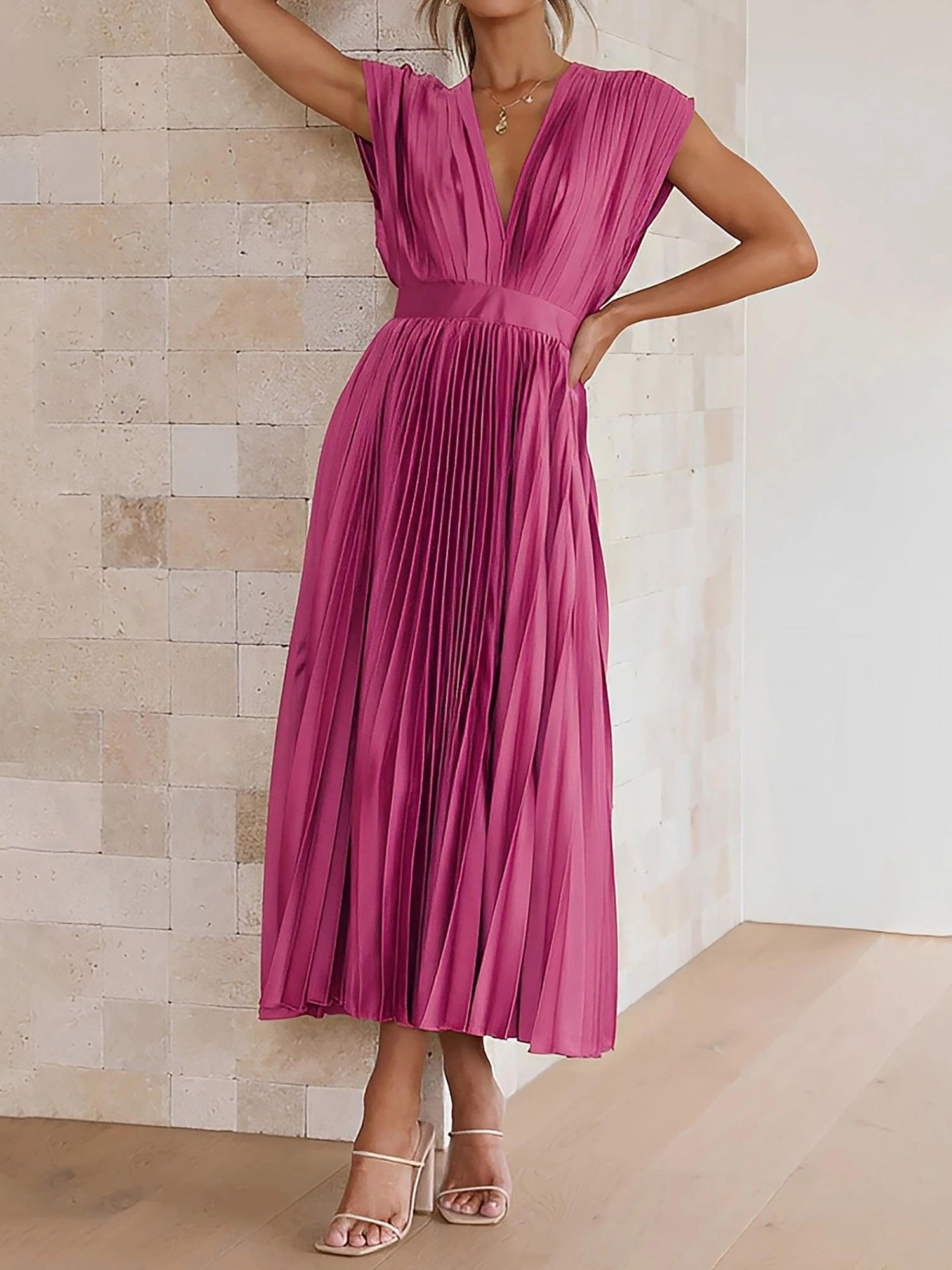 Deep V Neck Cap Sleeves Satin Pleated Midi Dress