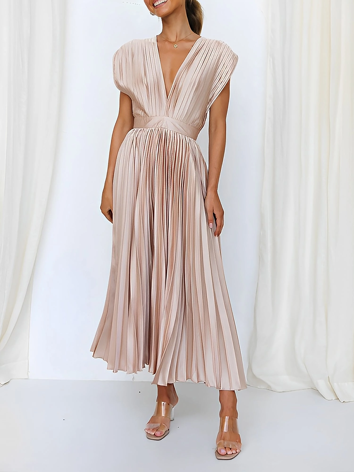 Deep V Neck Cap Sleeves Satin Pleated Midi Dress