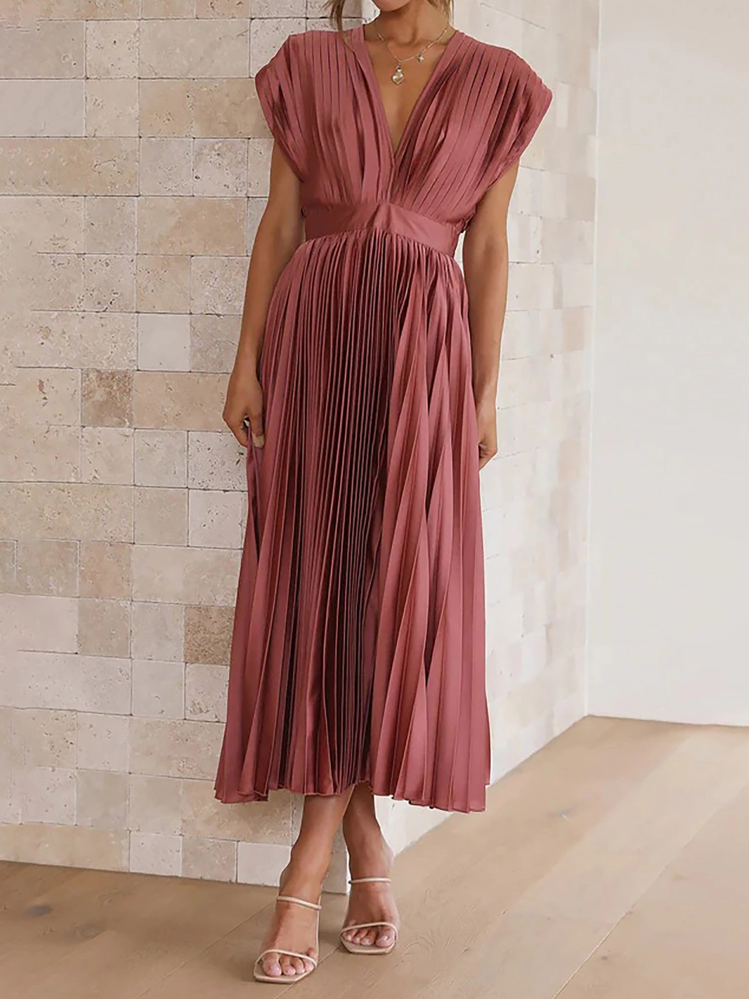Deep V Neck Cap Sleeves Satin Pleated Midi Dress