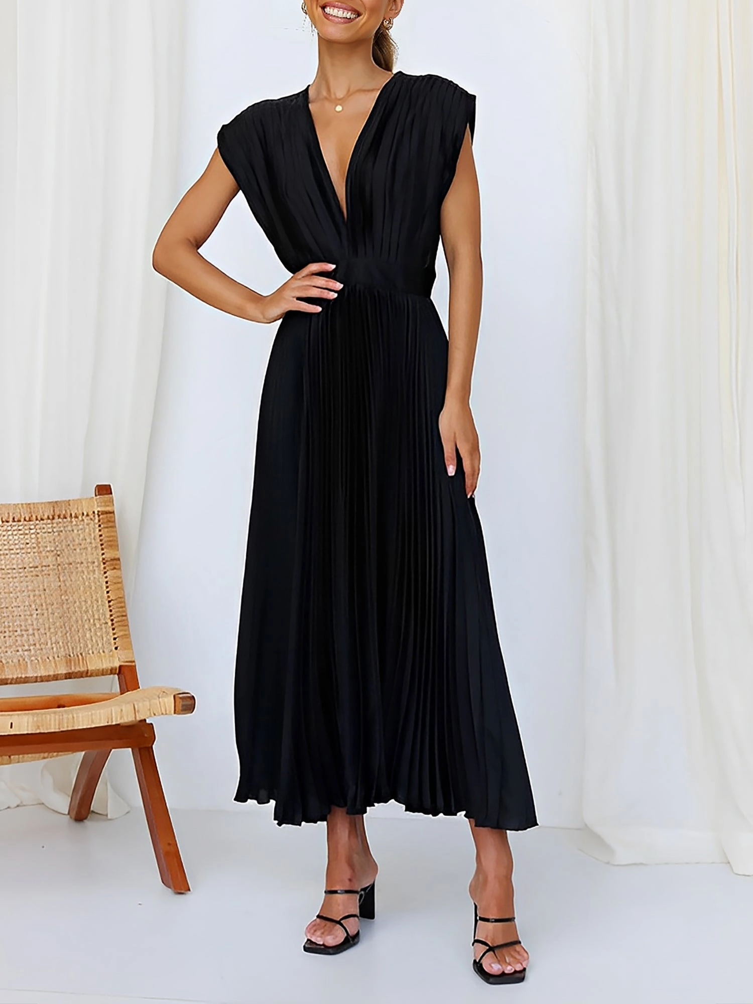 Deep V Neck Cap Sleeves Satin Pleated Midi Dress
