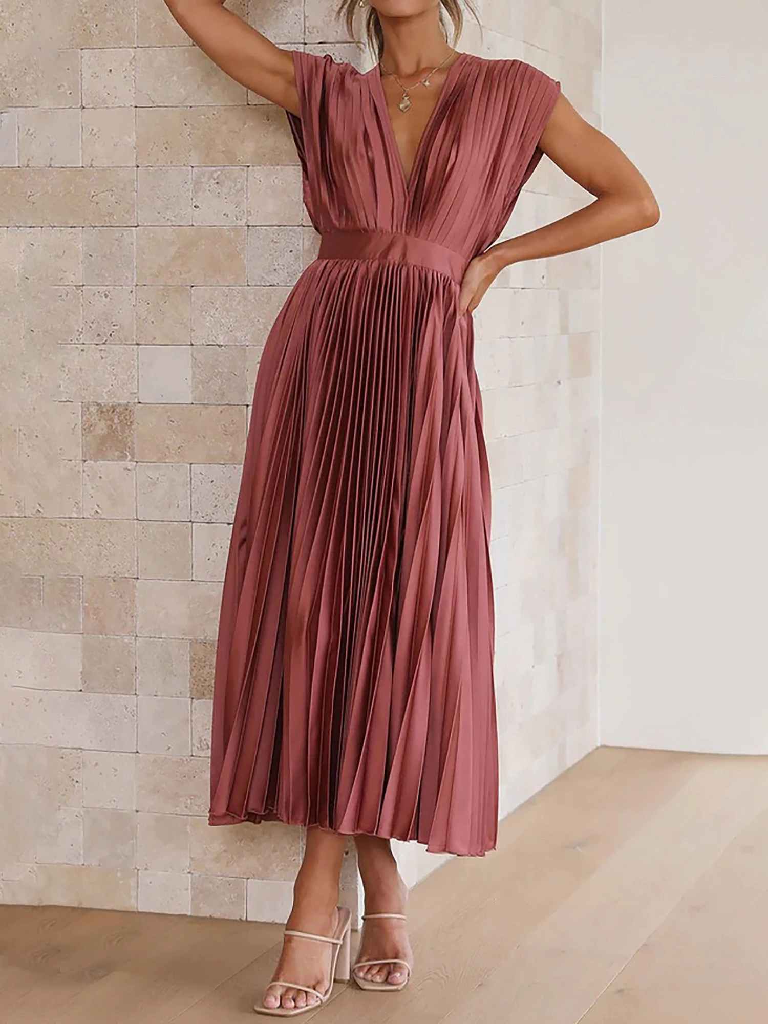 Deep V Neck Cap Sleeves Satin Pleated Midi Dress