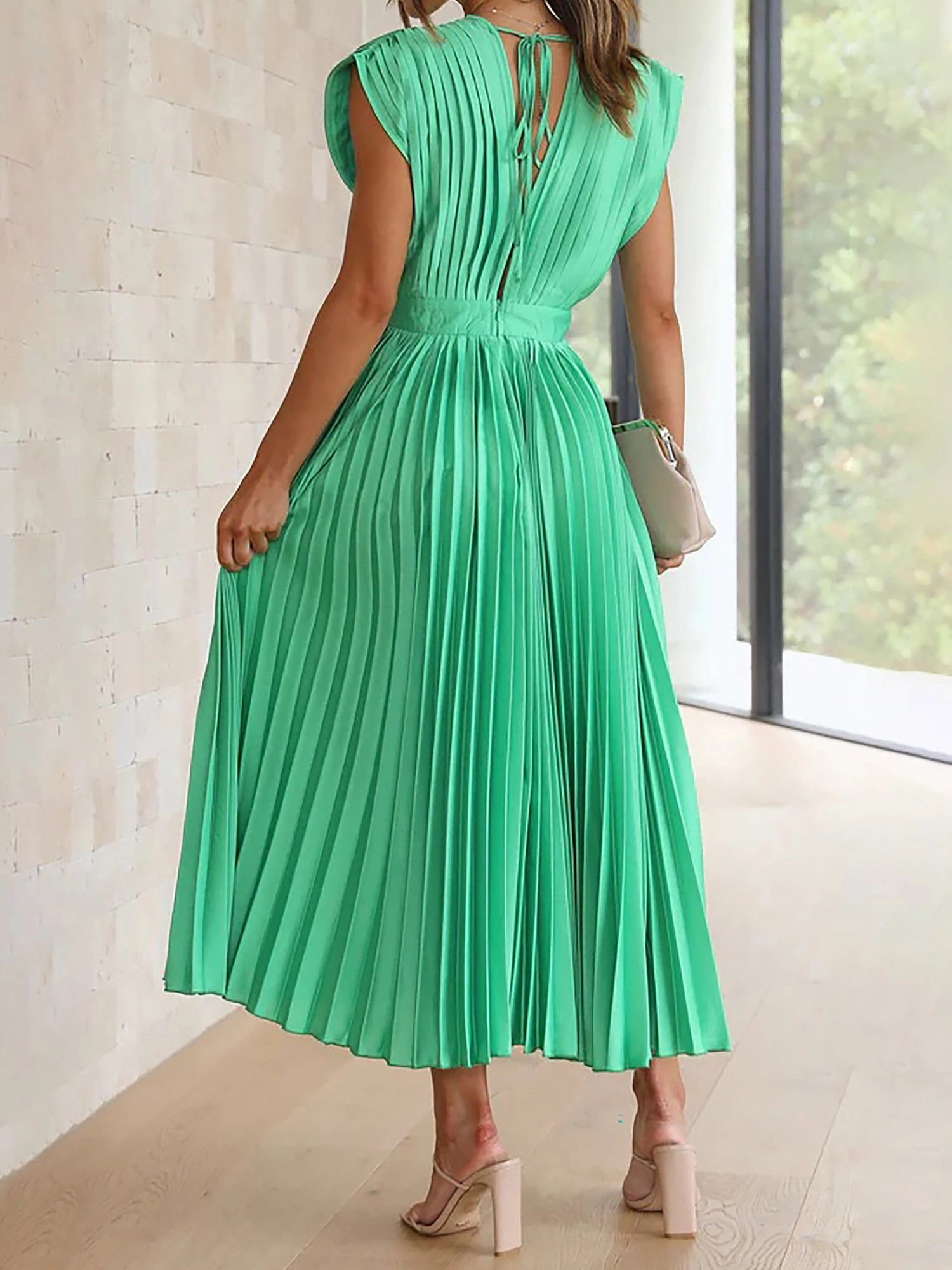 Deep V Neck Cap Sleeves Satin Pleated Midi Dress