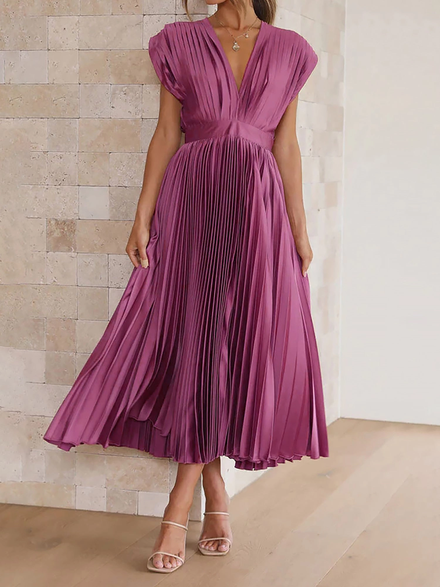 Deep V Neck Cap Sleeves Satin Pleated Midi Dress