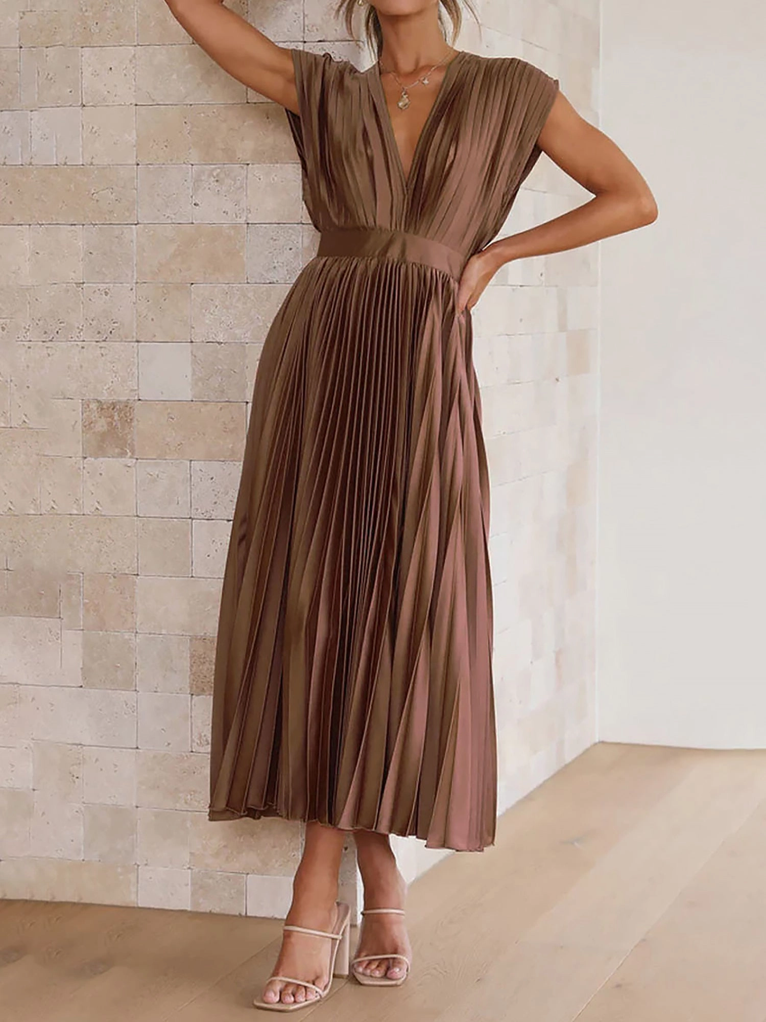 Deep V Neck Cap Sleeves Satin Pleated Midi Dress