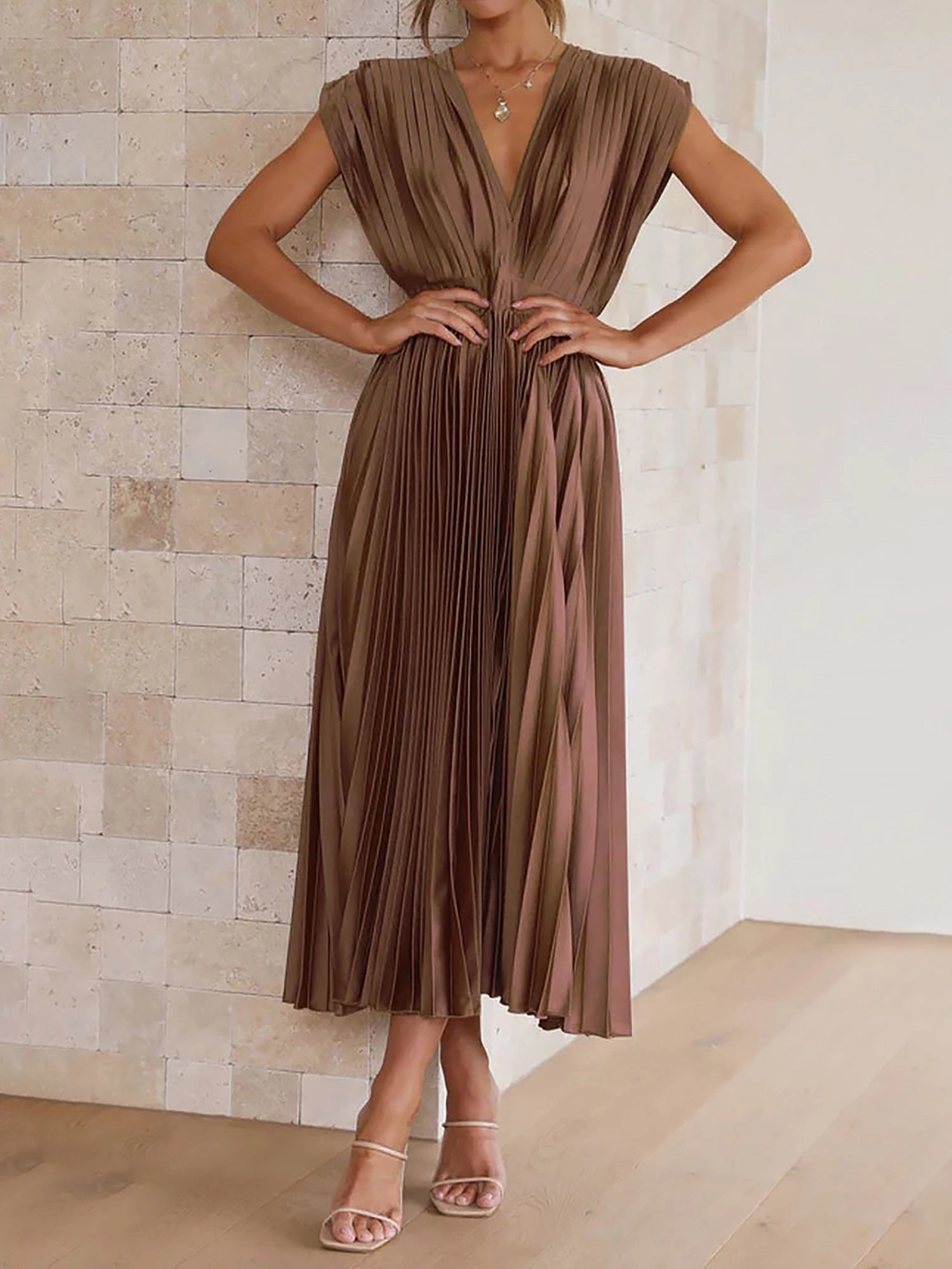 Deep V Neck Cap Sleeves Satin Pleated Midi Dress