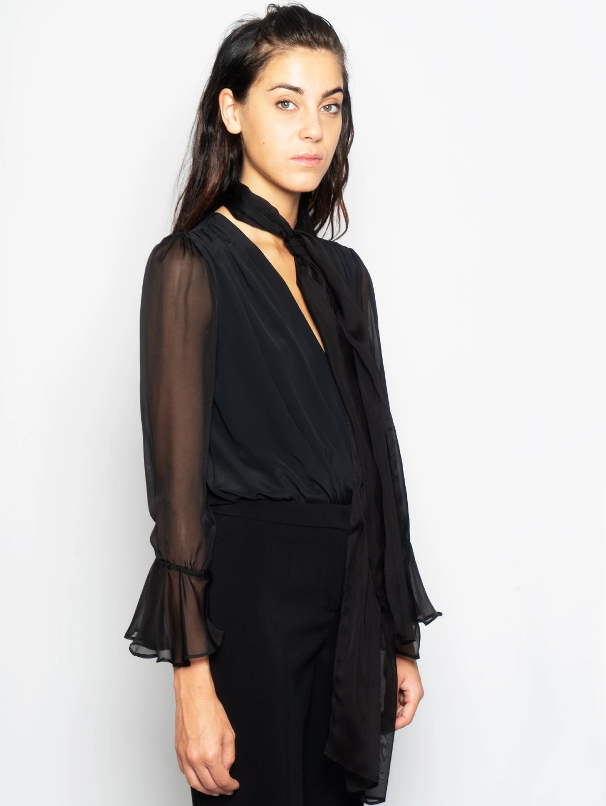 Draped Bodysuit in Black Chiffon