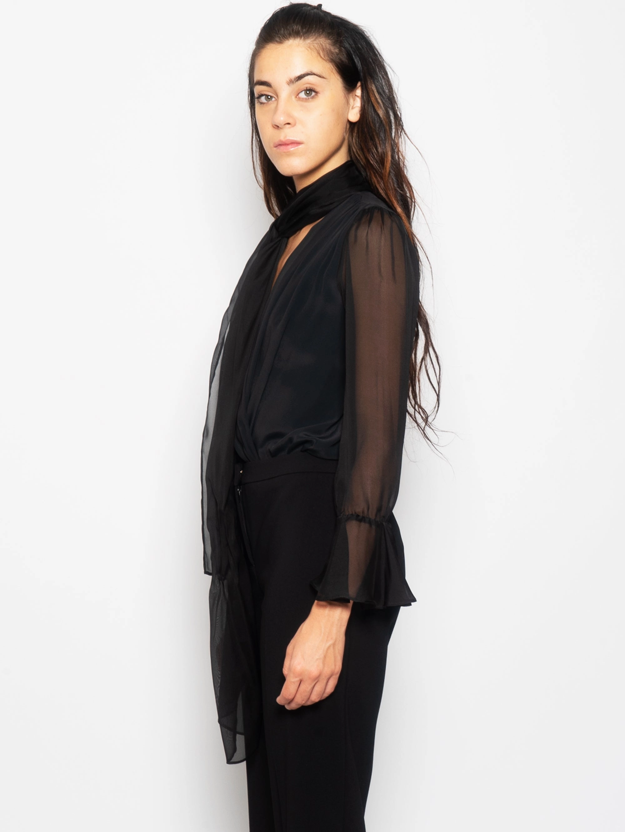 Draped Bodysuit in Black Chiffon