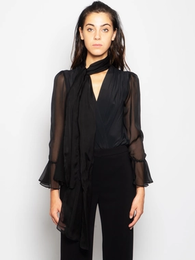Draped Bodysuit in Black Chiffon