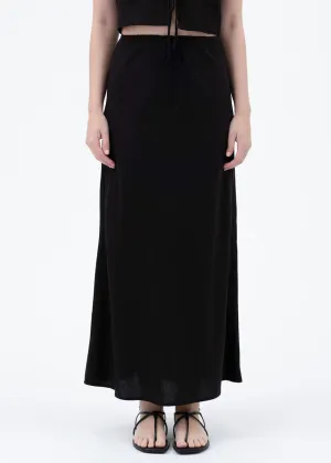 Shella High-Waisted Linen Midi Skirt - Black