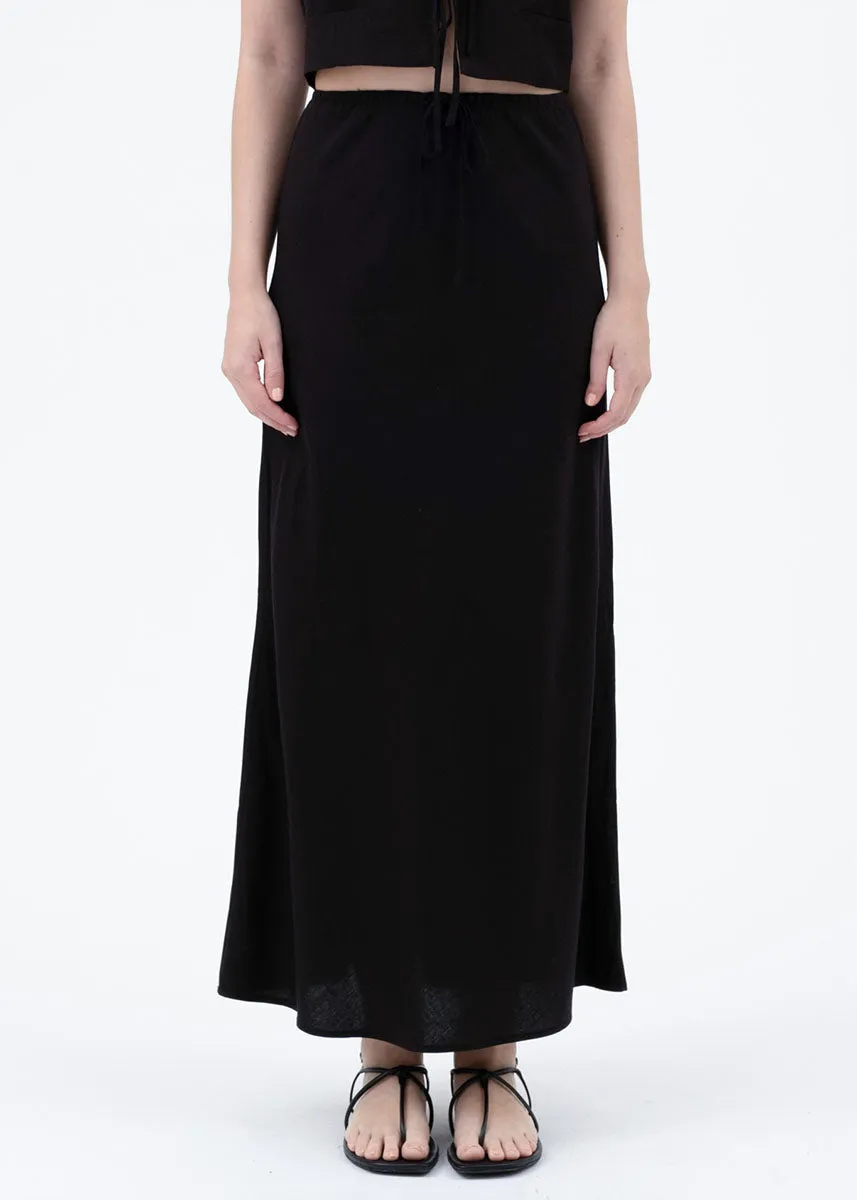 Shella High-Waisted Linen Midi Skirt - Black