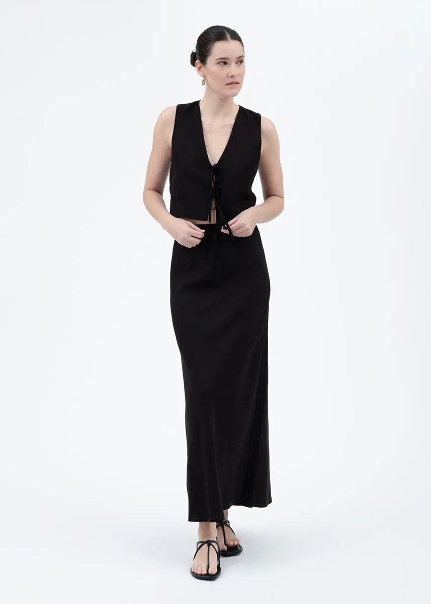 Shella High-Waisted Linen Midi Skirt - Black