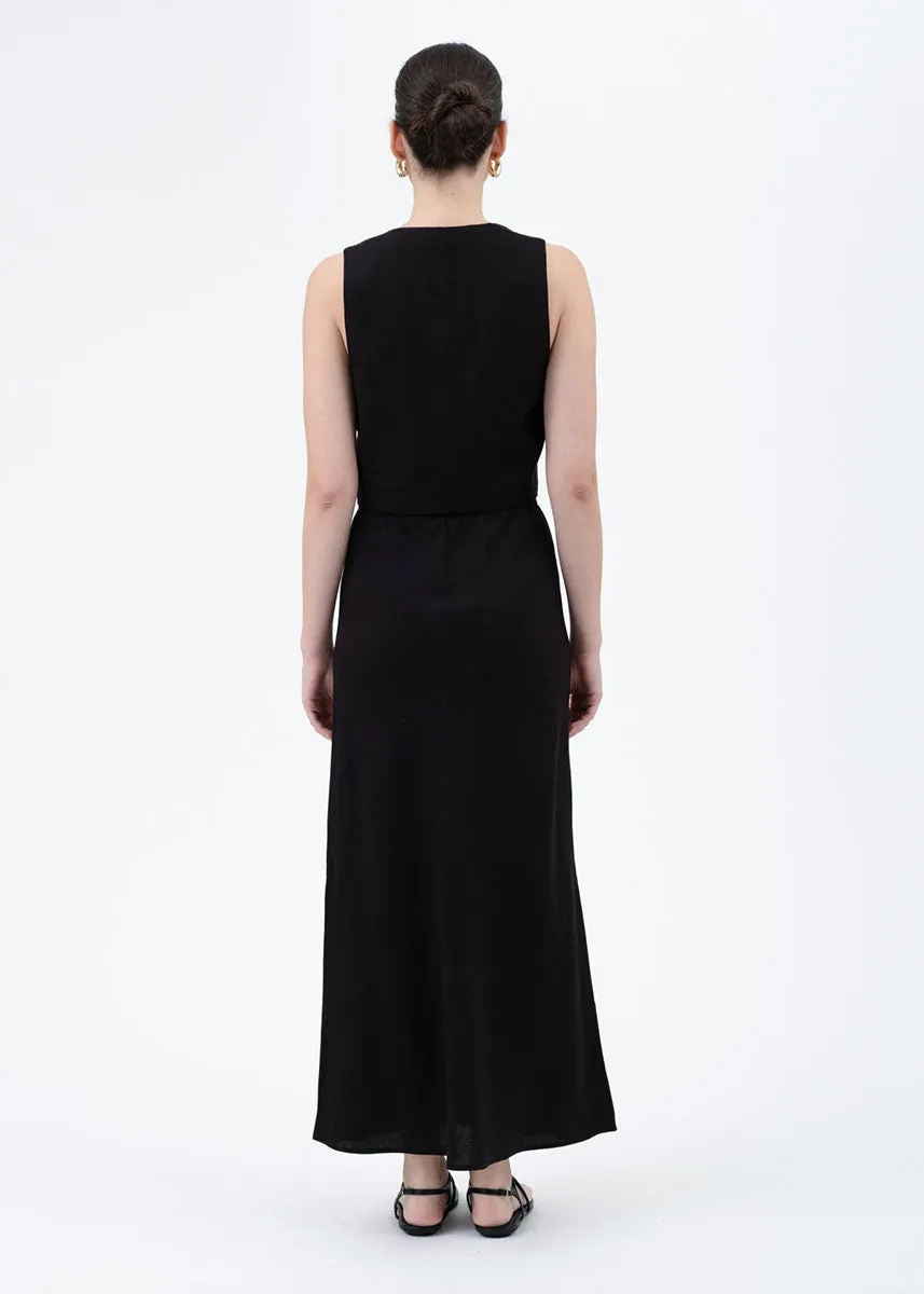 Shella High-Waisted Linen Midi Skirt - Black